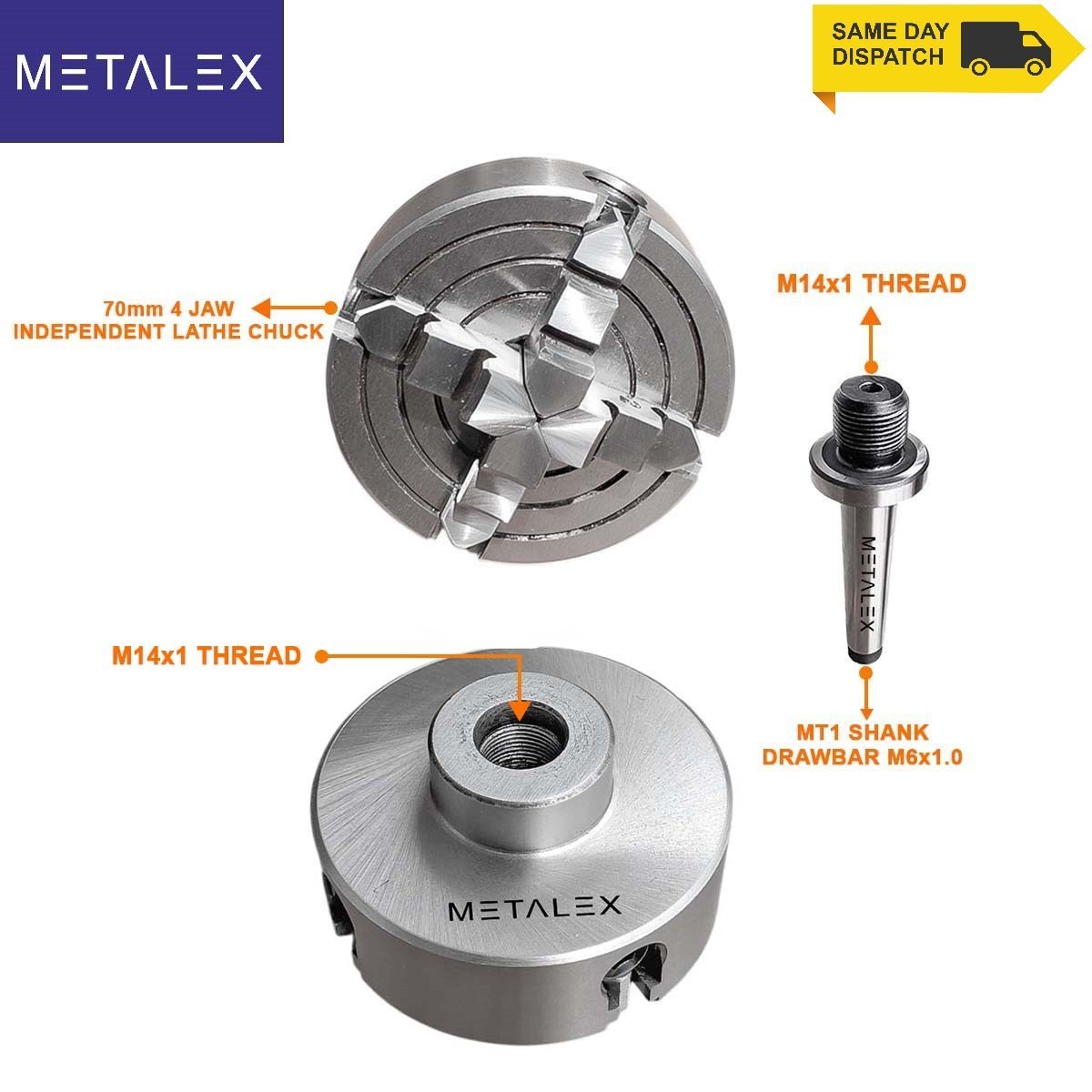 Independent Lathe Chuck 4 Jaw 70mm 2-3/4″ Taper MT1 Adapter Shank Arbor Metal