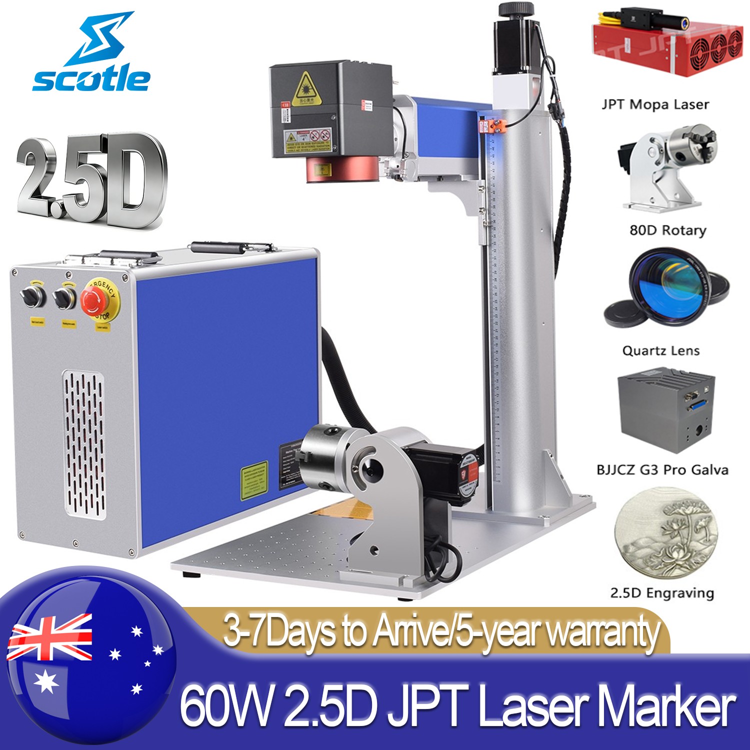 60W 2.5D JPT Mopa M7 Fiber Laser Marking Machine Metal Deep/Relief Engraver AU