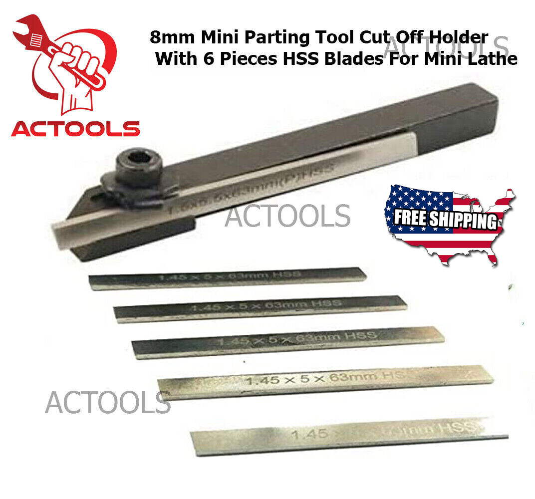 New Mini Parting Tool Cut Off Holder 8mm With 6 Pcs HSS Blades For Mini Lathe