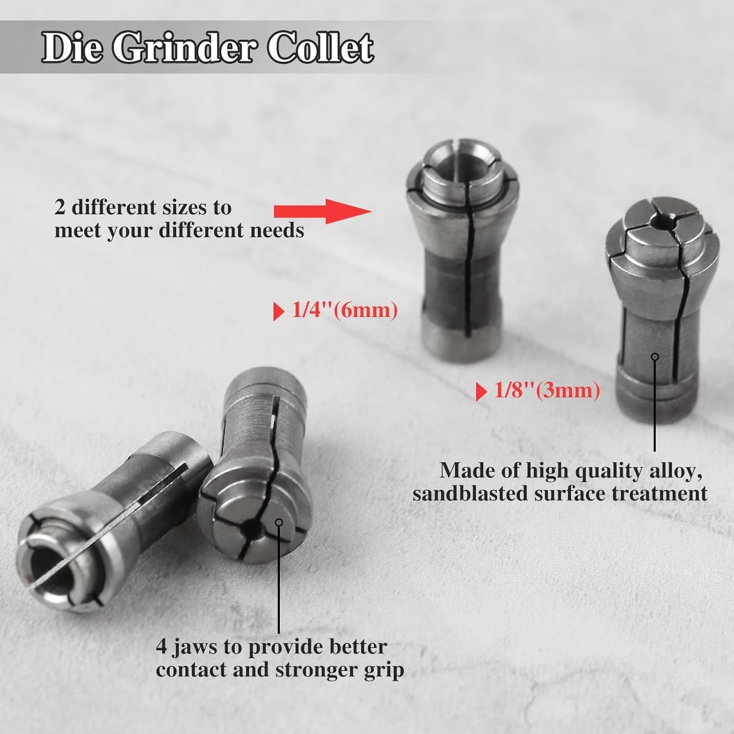 4 Pcs Die Grinder Collet Adapter Set for 1/4″ & 1/8″ Arbors – 3mm & 6mm Chucks