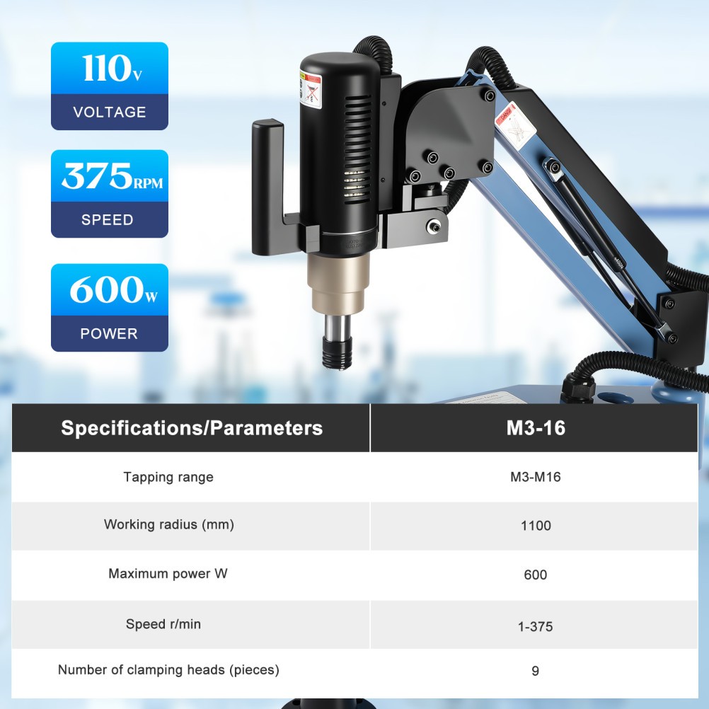 Electric Tapping Machine M3-M16 600W w/1100mm 360° Flexible Arm w/9pc Tap Collet