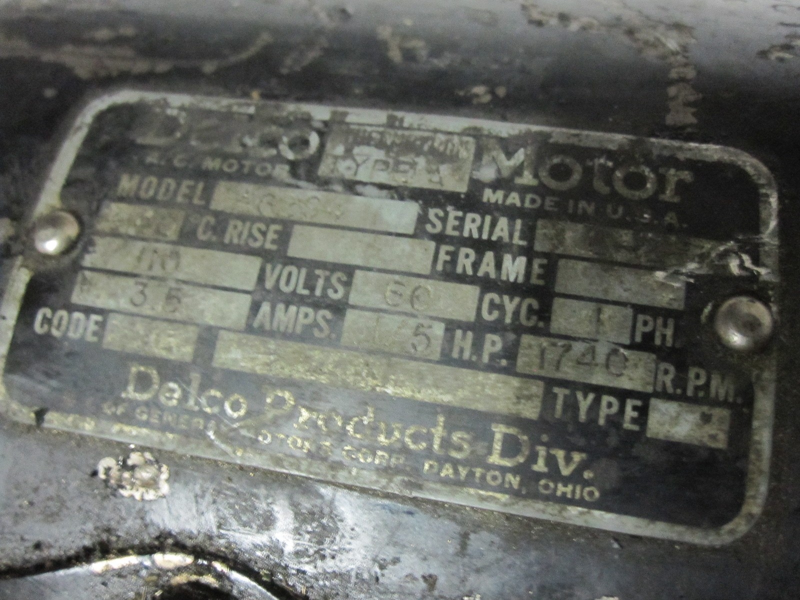 Delco Thermotron Type A Motor 1/5 HP 1740 RPM 110V A6294 Drill Press Lathe