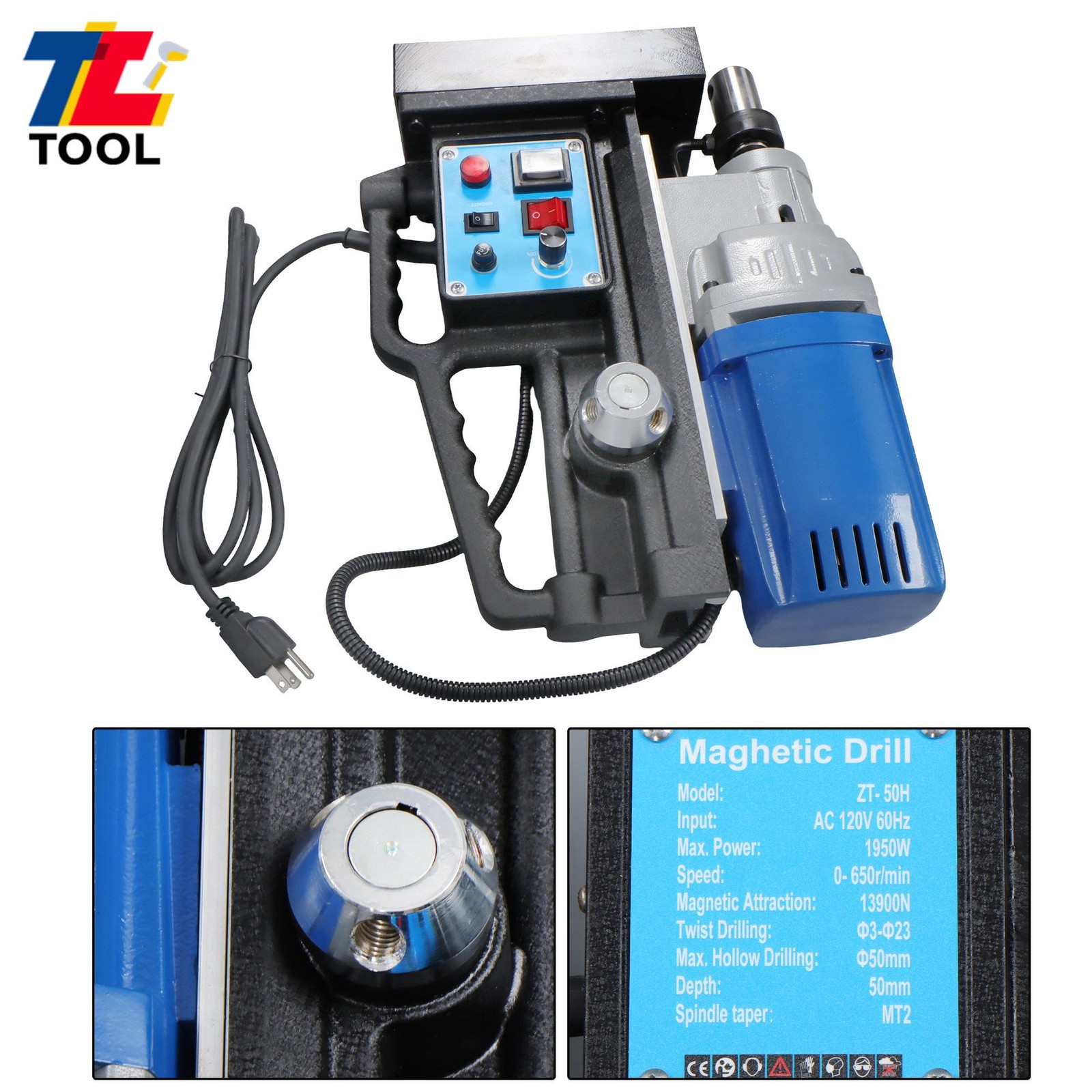 MD50 Magnetic Drill with 11 Drill Bit Stepless Speed Bi-Directional 1950W 13900N