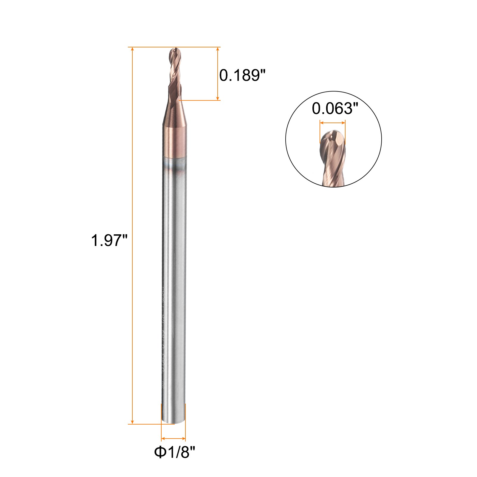 2 Flute Ball Nose End Mill 0.189″ Cutting Length Uncoated for Carving Engraving