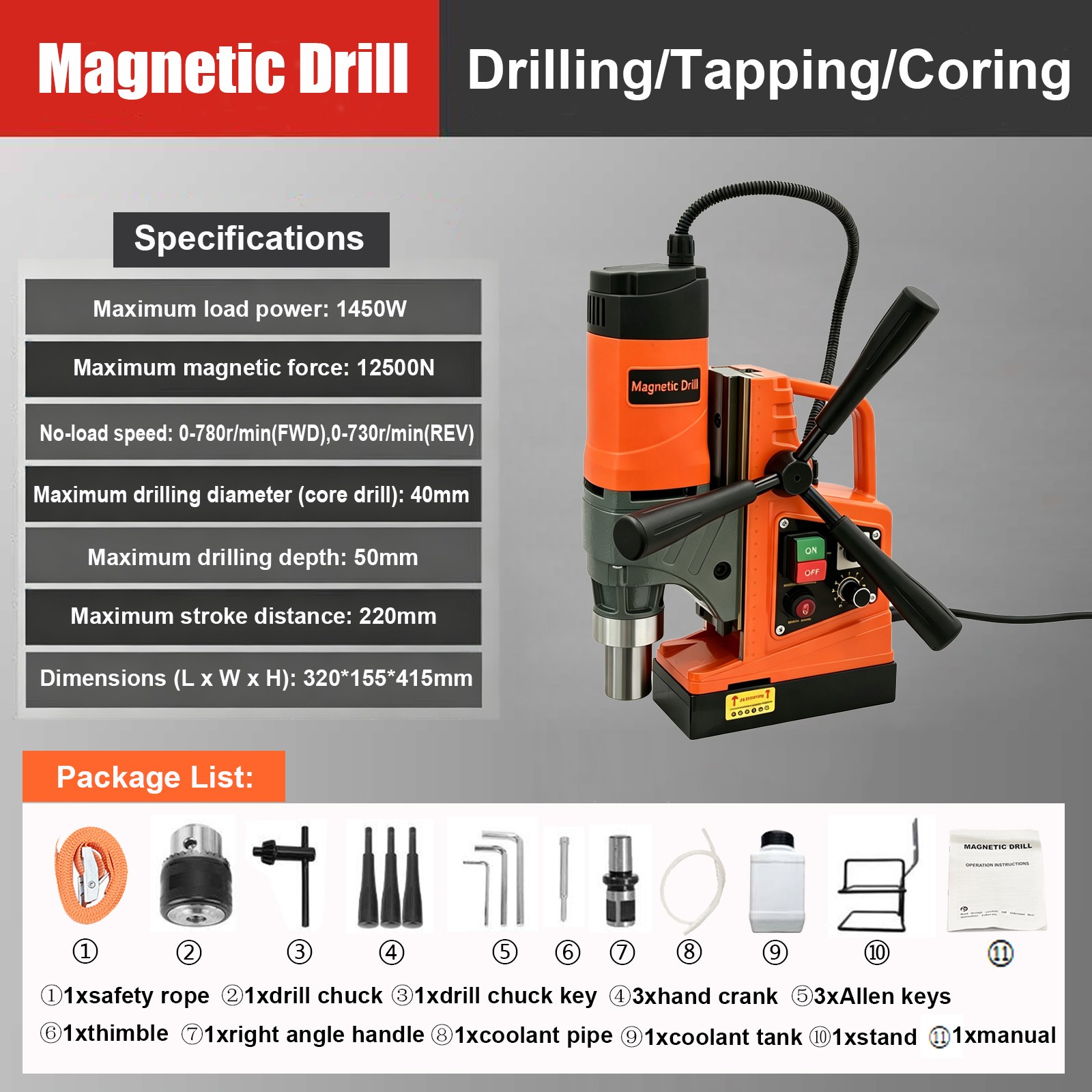 1450W Magnetic Drill Press Variable Speed 40mm Mag Drill w/ Annular Cutters