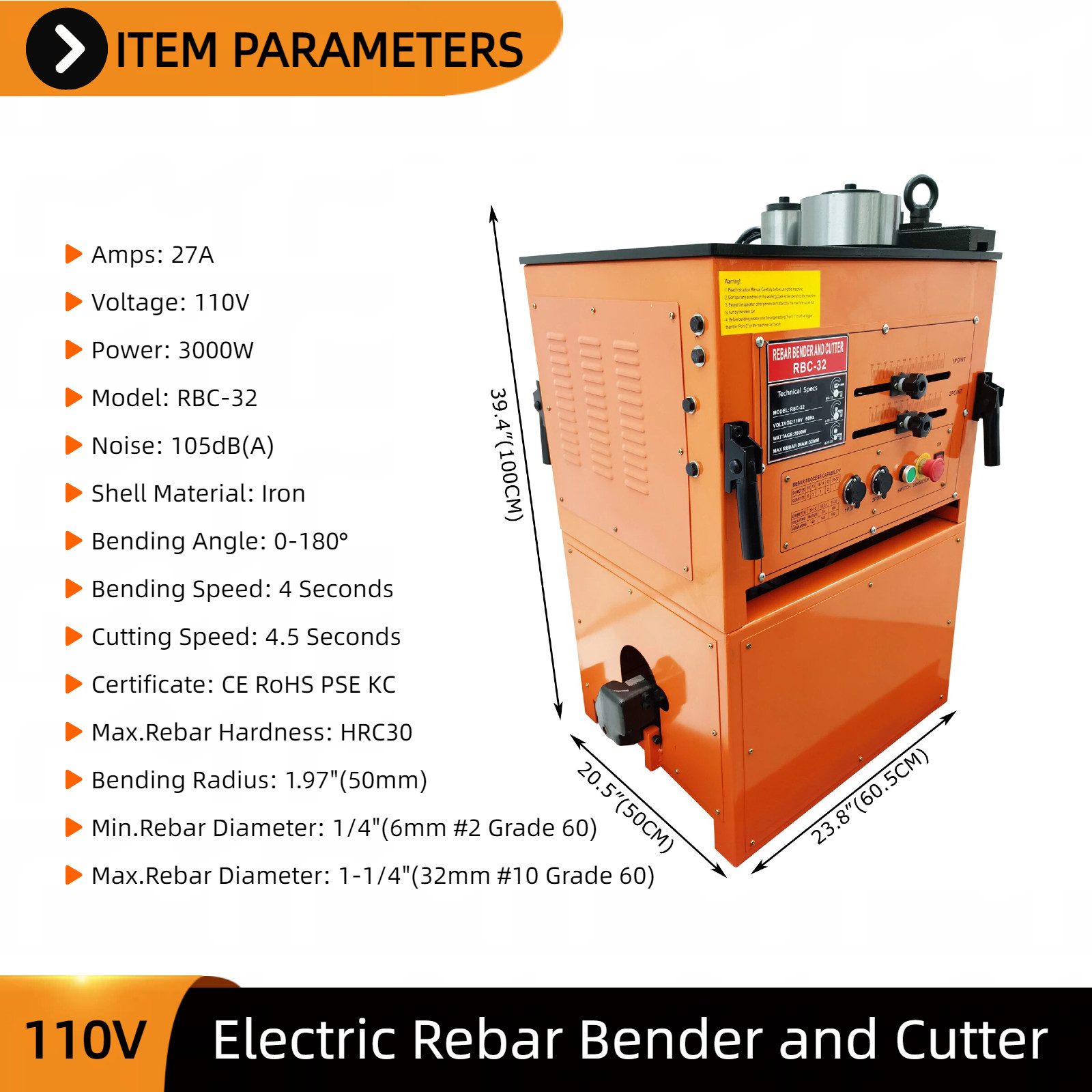Electric Rebar Bender Cutter Machine 110V 6-32mm 0-180° for Steel Bar Processing