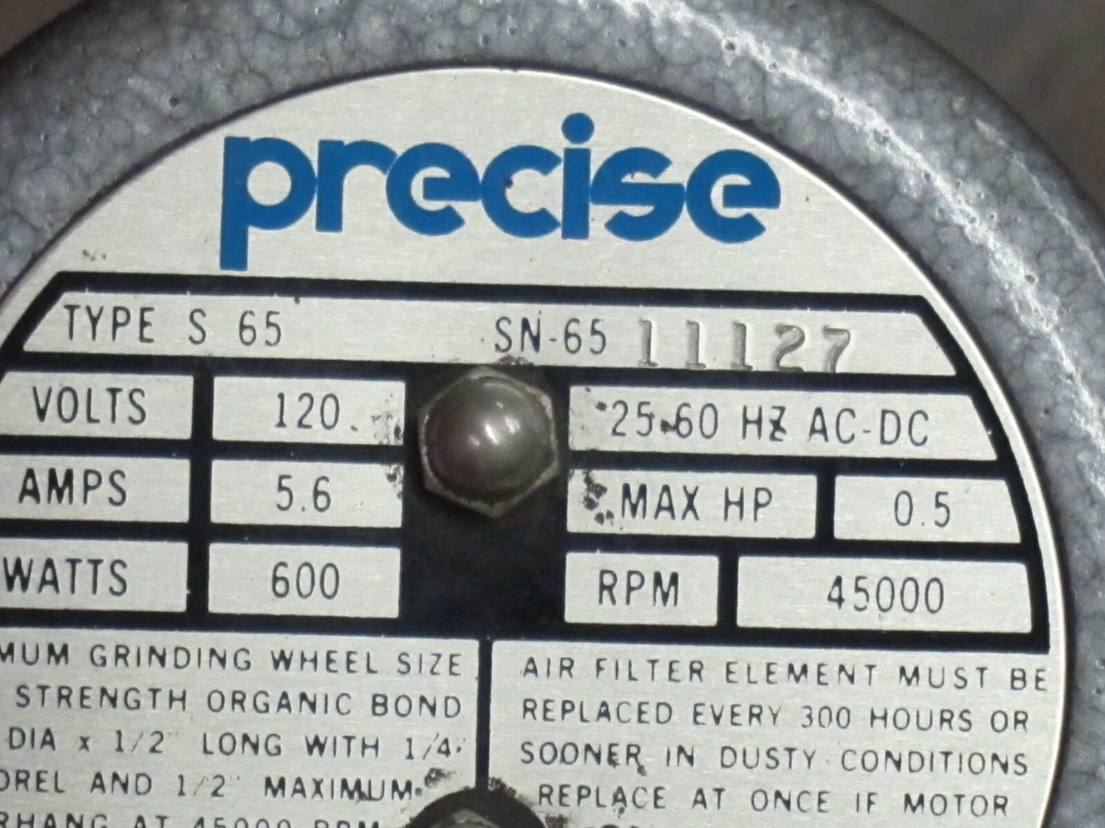 PRECISE S65 HIGH SPEED SPINDLE WITH 7307 VARIABLE SPEED CONTROLLER, Used