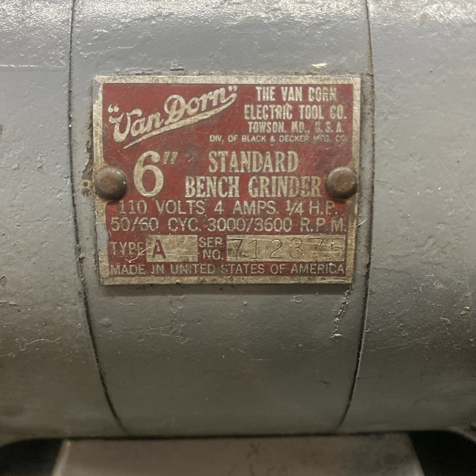 Bench Grinder Van Dorn 6″ Type A 1/4 HP 3600RPM 4.0 AMPS Working Mounting Bolt