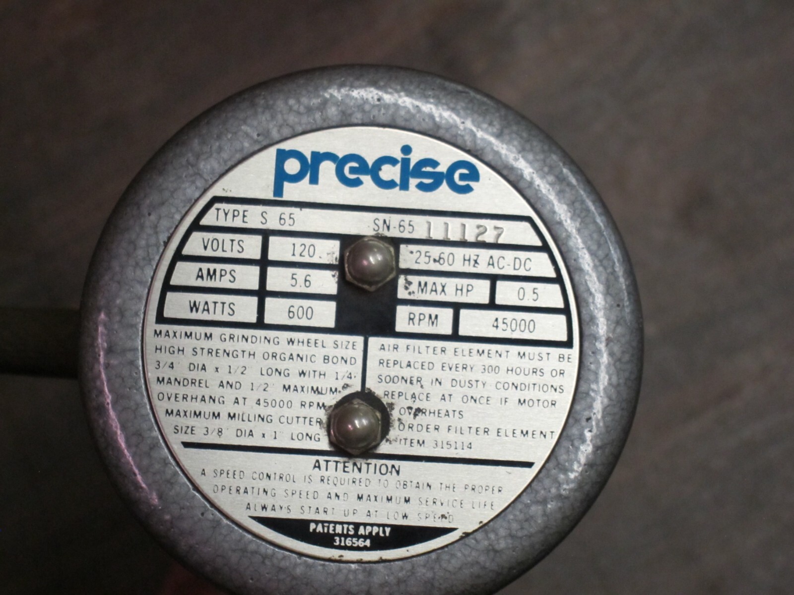 PRECISE S65 HIGH SPEED SPINDLE WITH 7307 VARIABLE SPEED CONTROLLER, Used