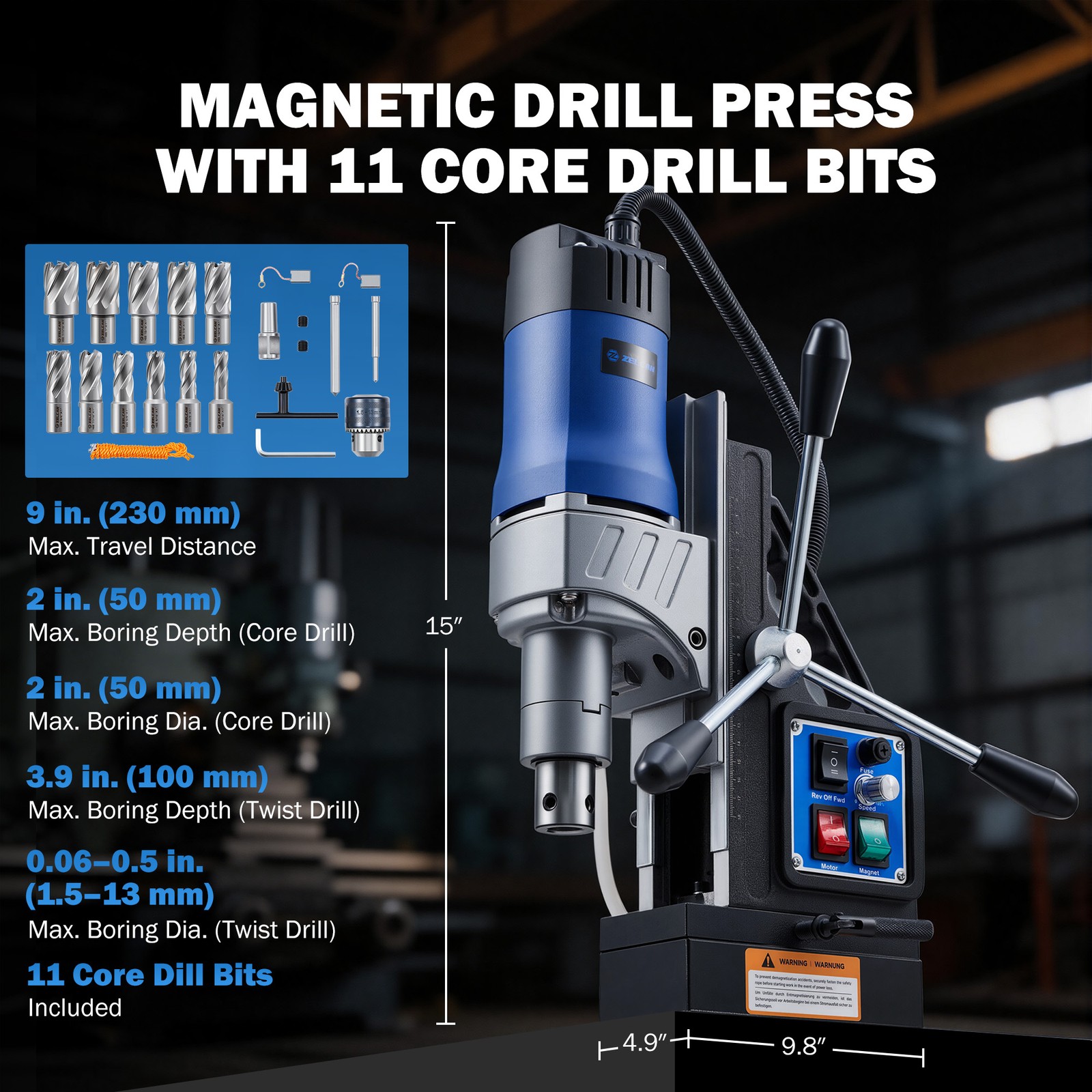 ZELCAN 1550W Electric Magnetic Drill Forward/Reverse 11 Bits Rotating Base US