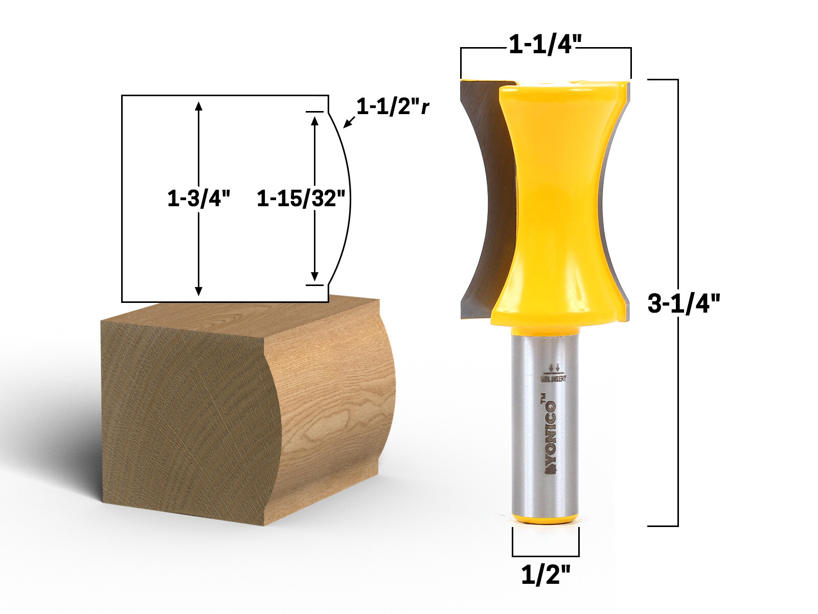 1-1/2″ Radius Convex Convex Edge Router Bit – 1/2″ Shank – Yonico 13132