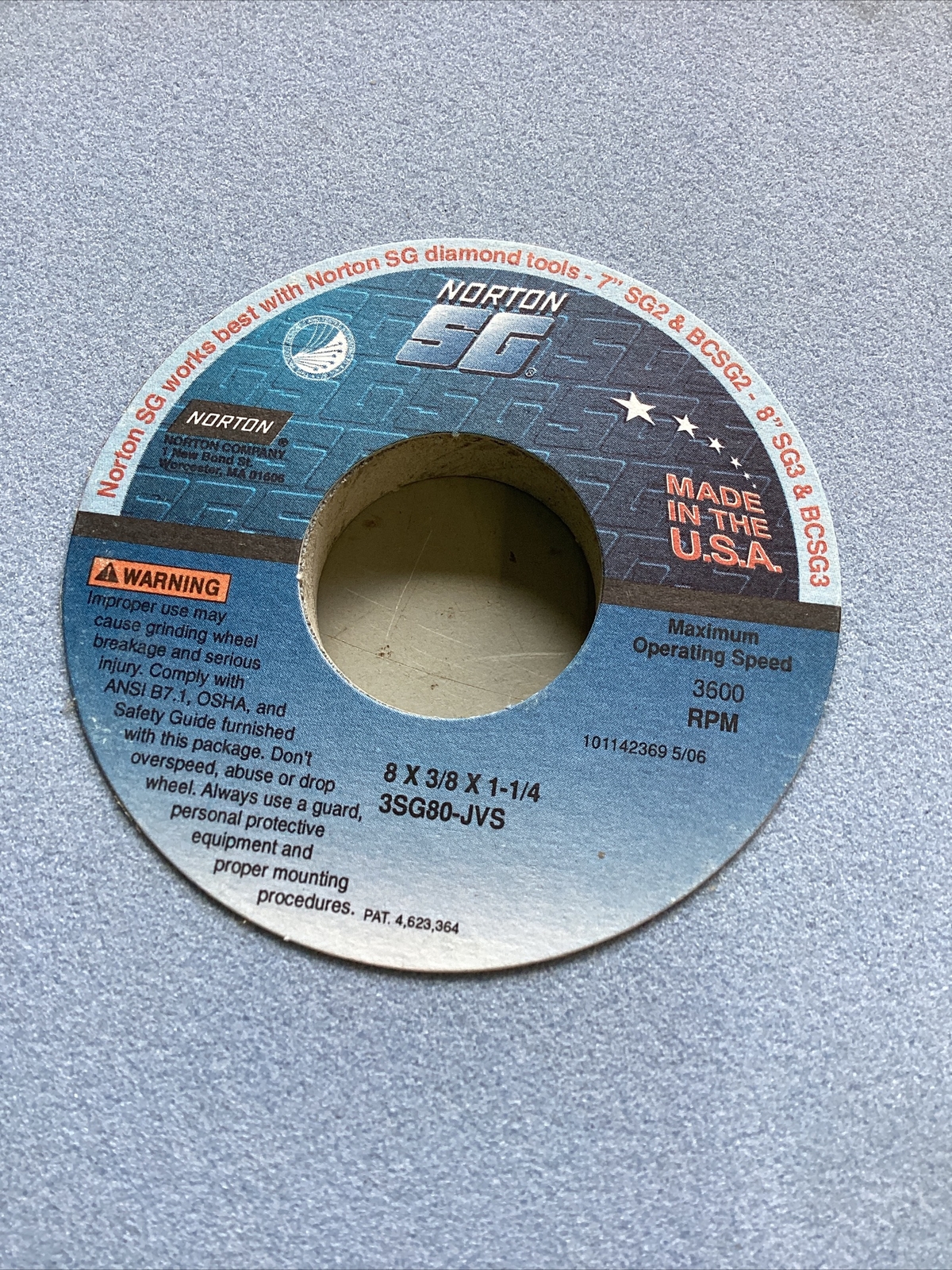 Norton SG 8”x3/8”x1-1/4”,maxrpm3600,#3SG80-JVS