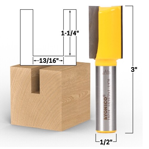 13/16″ Diameter X 1-1/4″ Height Straight Router Bit – 1/2″ Shank – Yonico 14014