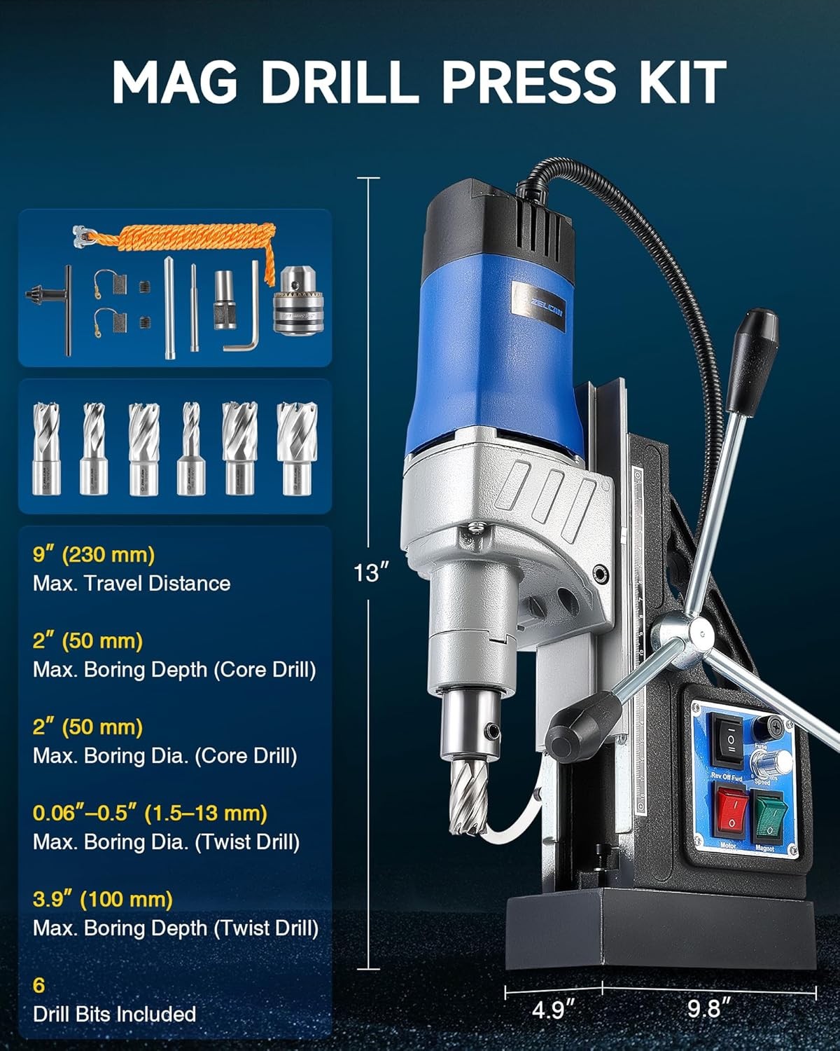 ZELCAN Mag Drill Press with 6 Drill Bits, 1550W Portable Magnetic Press with 2″