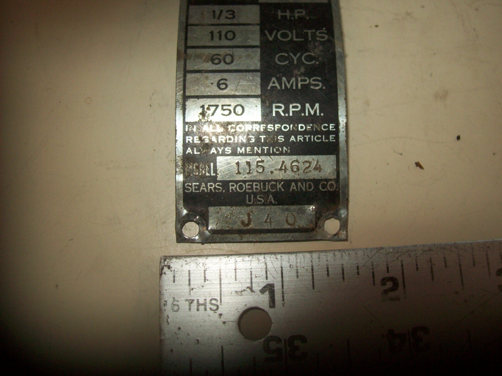 Kenmore 1/3 HP Electric Motor Plate From Model 115.4624 Sears Roebuck & Co.