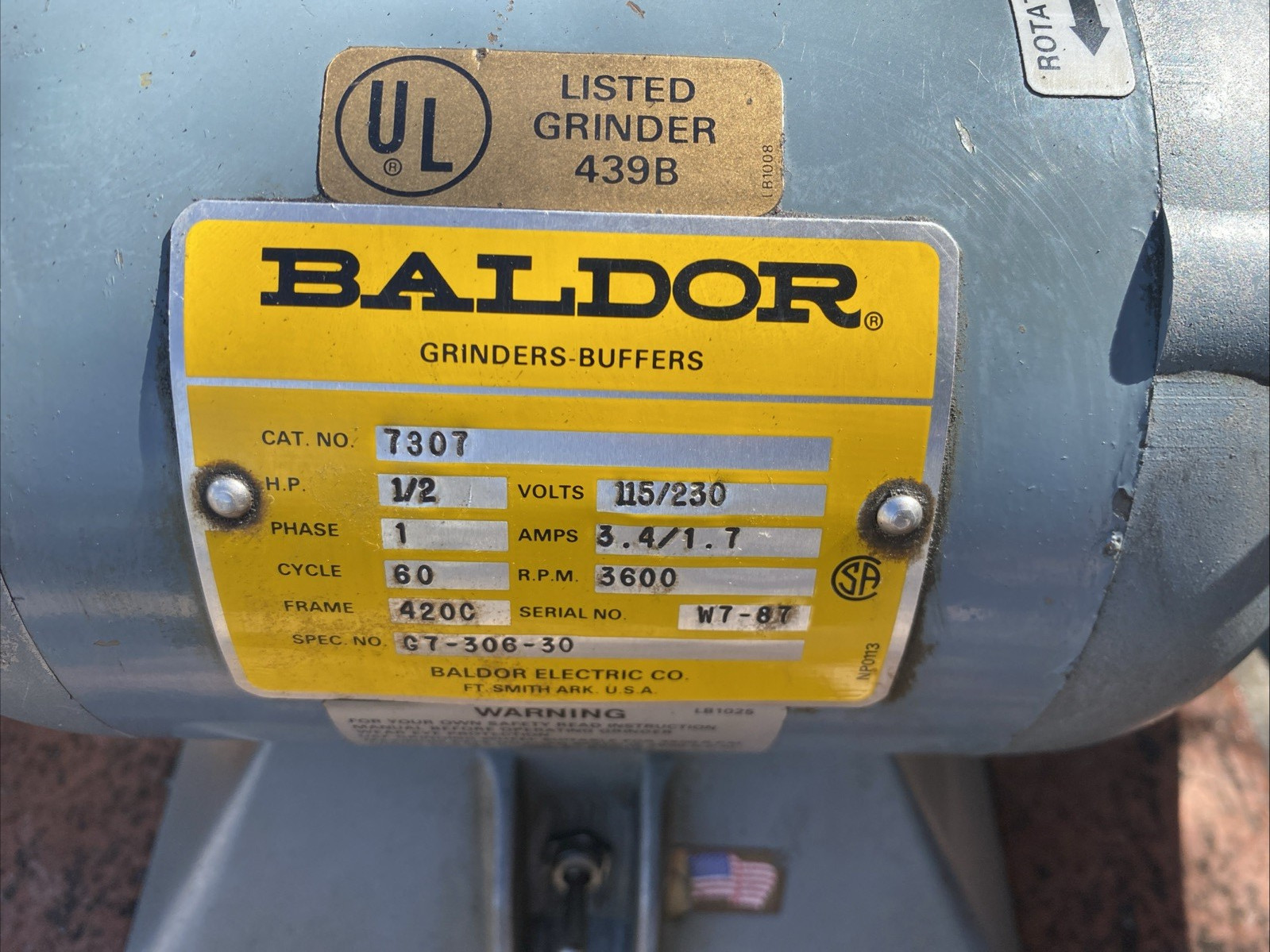 Baldor 7” Bench Grinder 1/2HP 1 Phase Model 7307 Vintage Made In USA