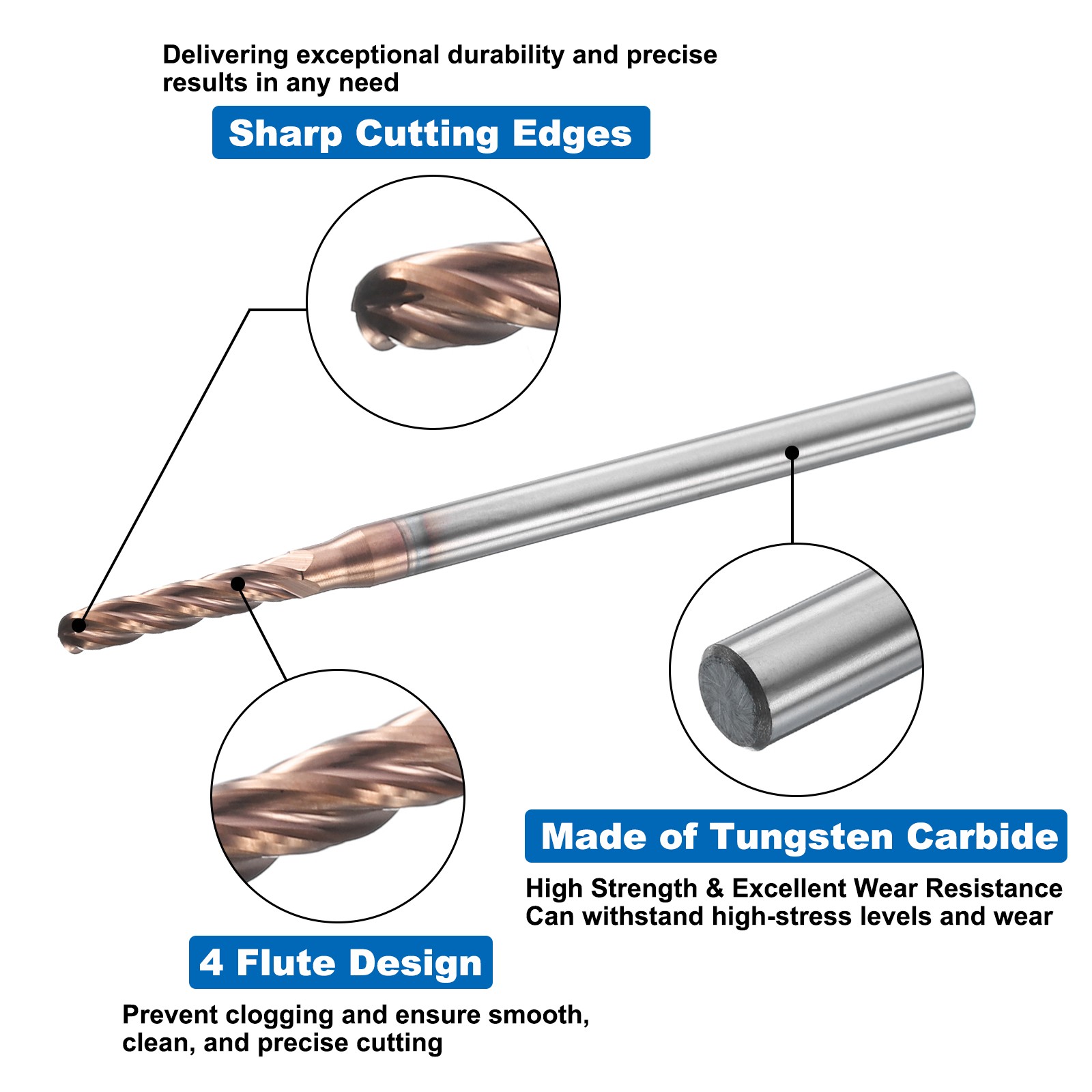 4 Flute Ball Nose End Mill 1/2″ Cutting Length Uncoated for Engraving