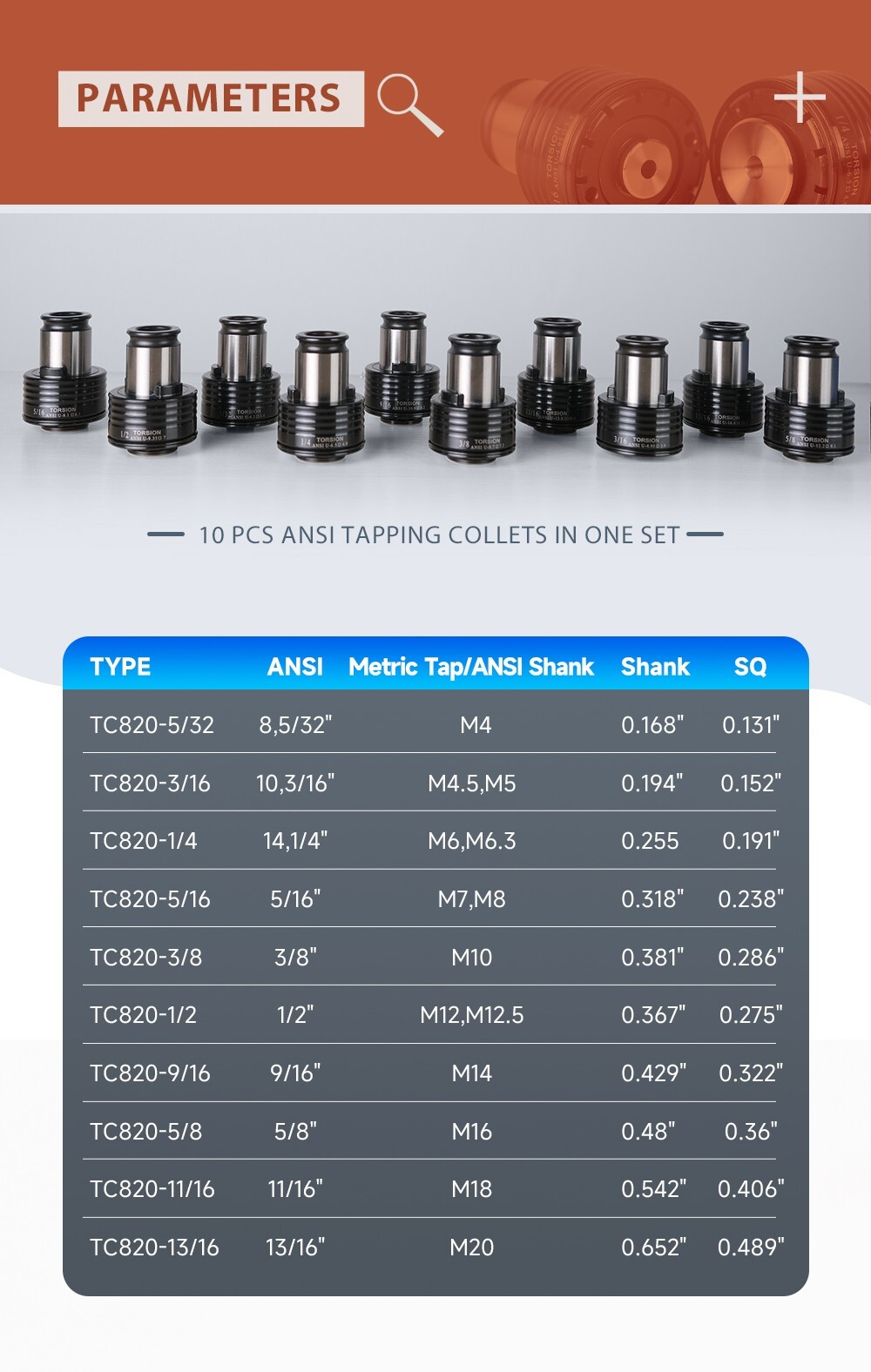 US Stock 10PCS TC820 ANSI Collets Tap Torque Collet for M24HR Tapping Machine