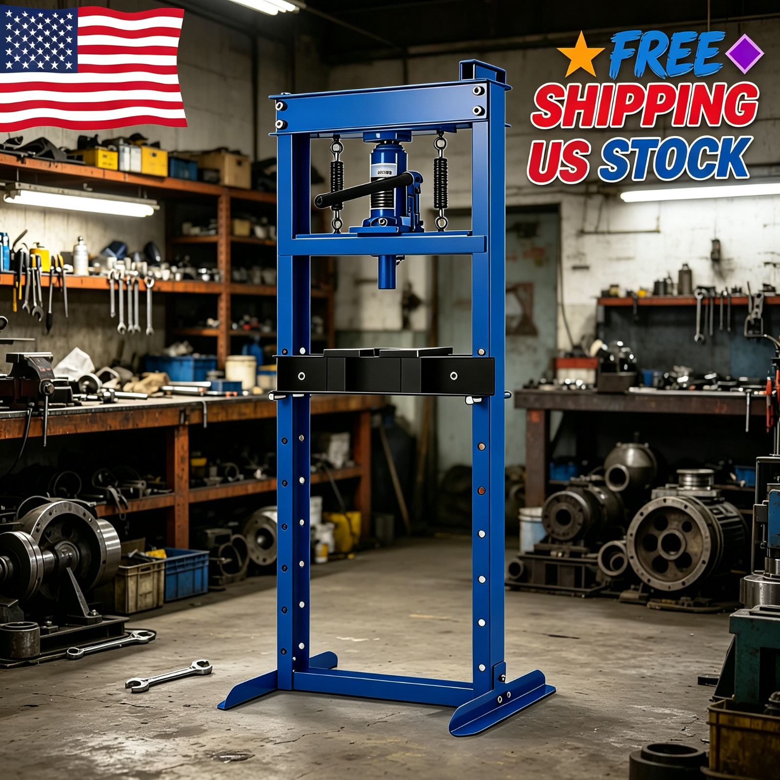 12 Ton Hydraulic Shop Press H-frame Carbon Steel Press Plates Blue Garage