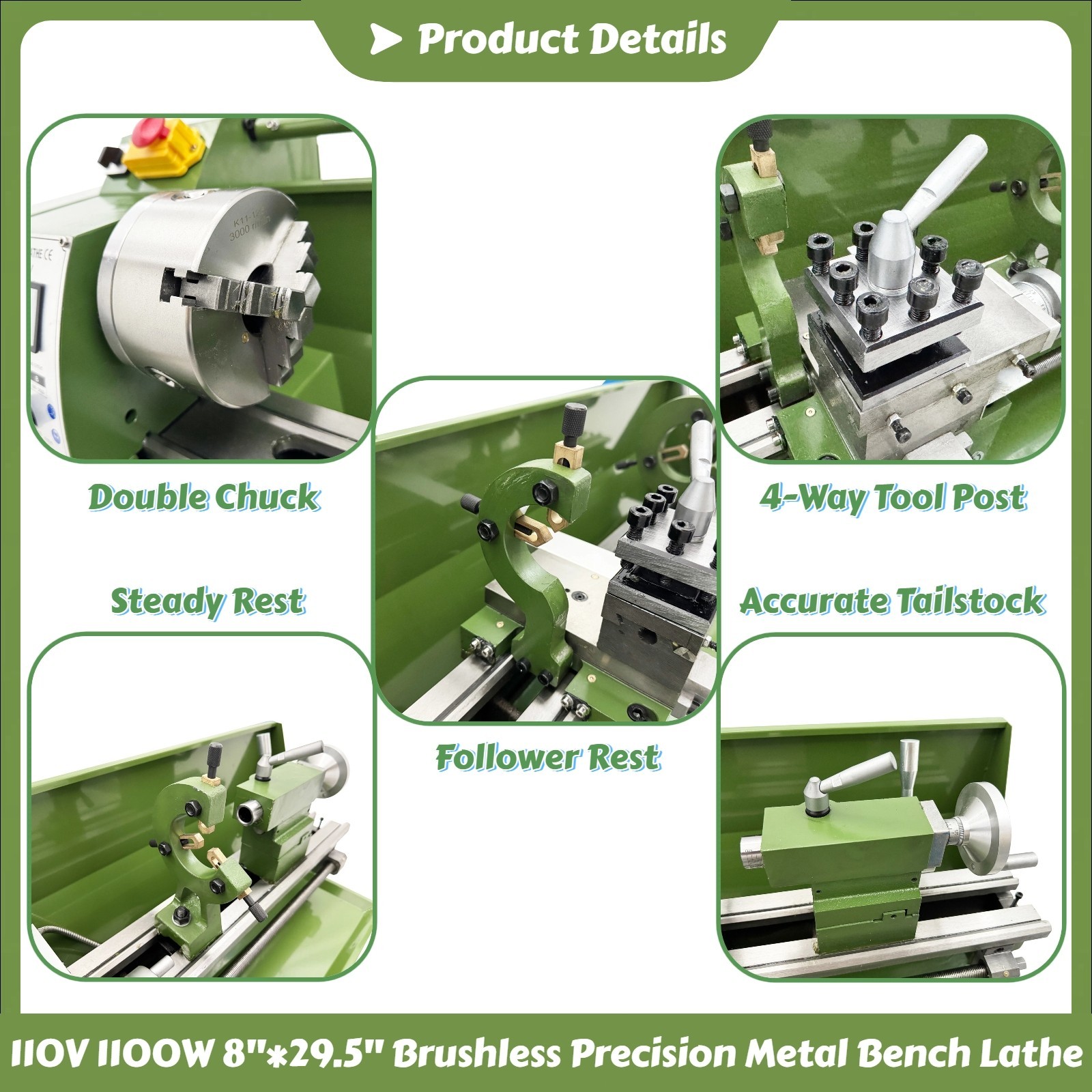 110V 1100W Double Chuck Brushless Precision Metal Bench Lathe with Grating Ruler