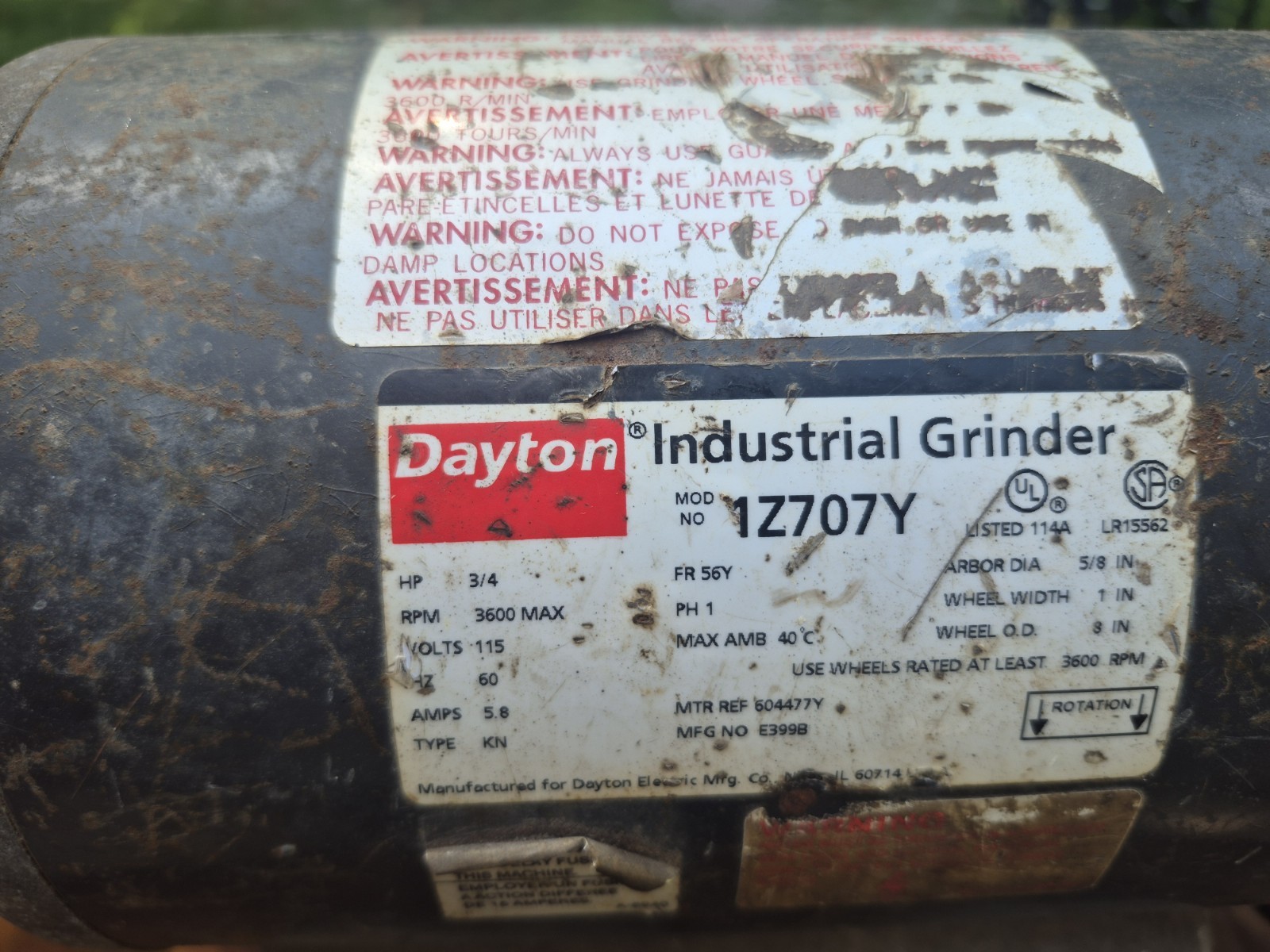 DAYTON INDUSTRIAL GRINDER 1Z707Y 3/4 HP 3600 MAX RPM 115 VOLT 5.8 AMP 8″ WHEEL