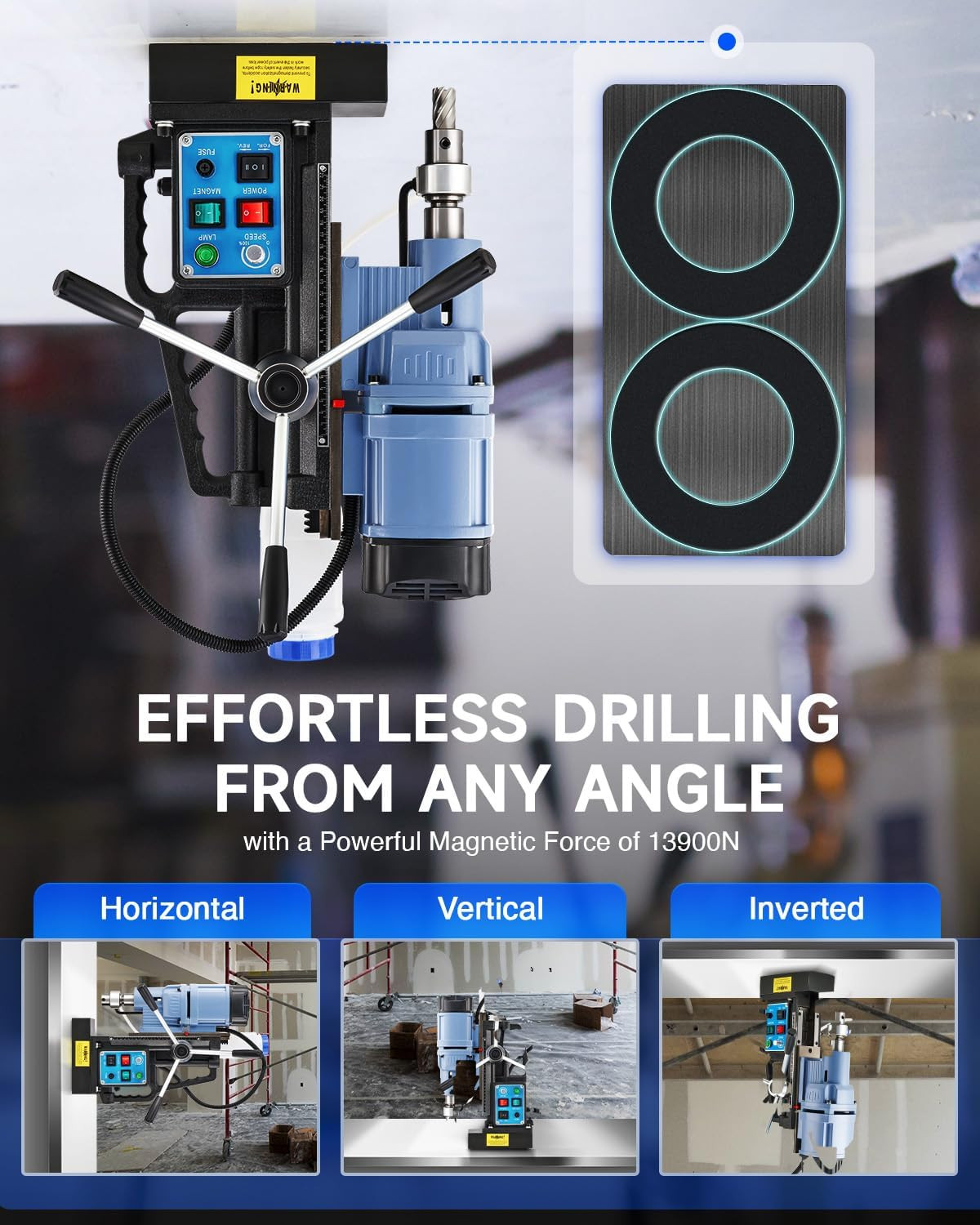1550W Mag Drill Press with 2″ Dia. 3125 Lbf/13900N Mag Force, 650 Rpm Power Magn