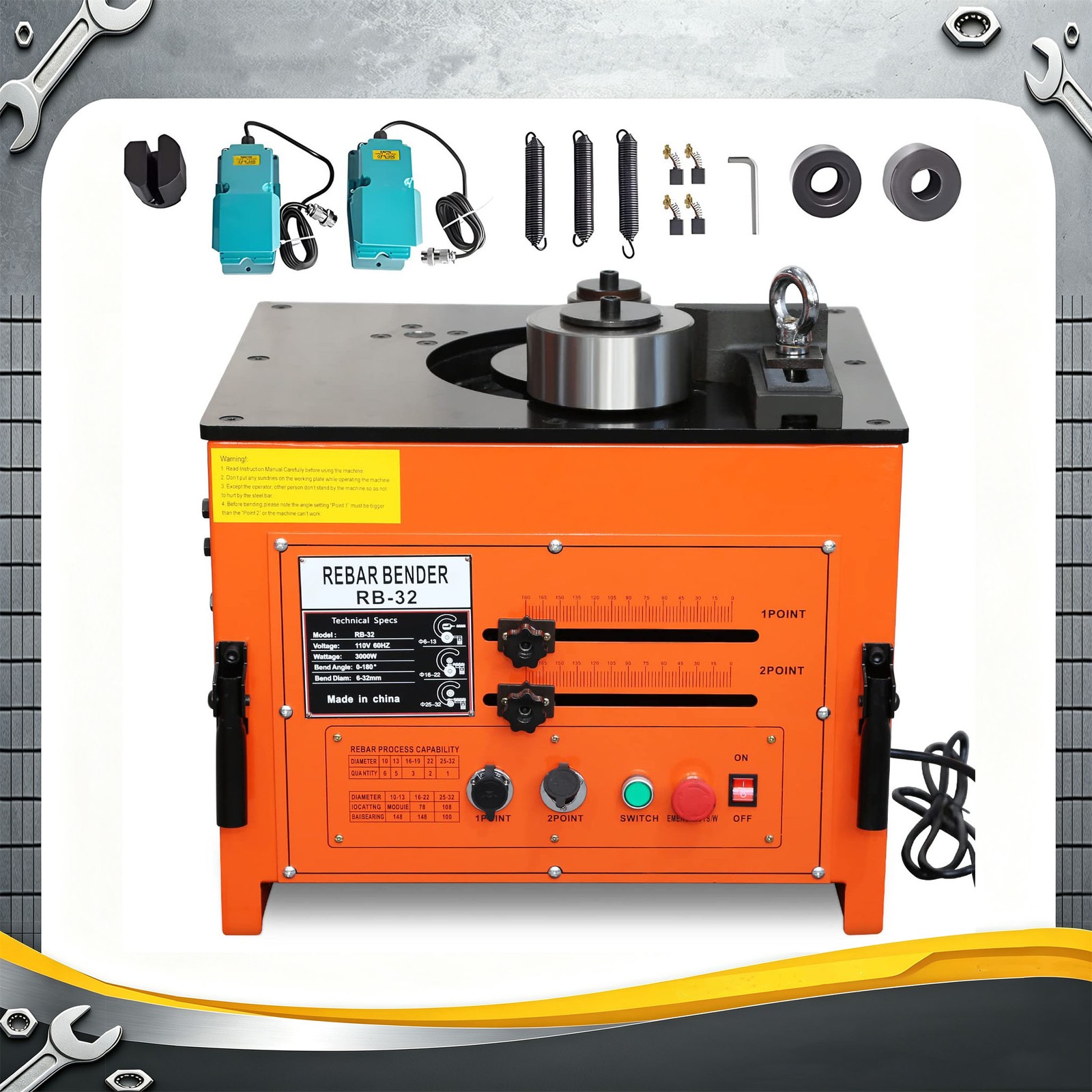 Electric Hydraulic Rebar Bender 3000W 1/4-1Inch Cutter 0-180° Foot Pedal Switch