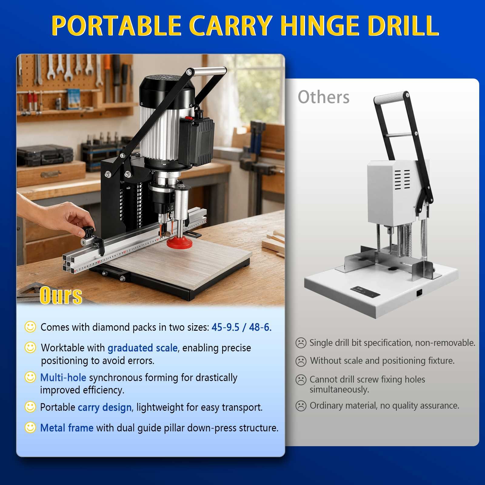 1100W Manual Hinge Drilling Machine Woodworking Boring Includes Two Drill Bits
