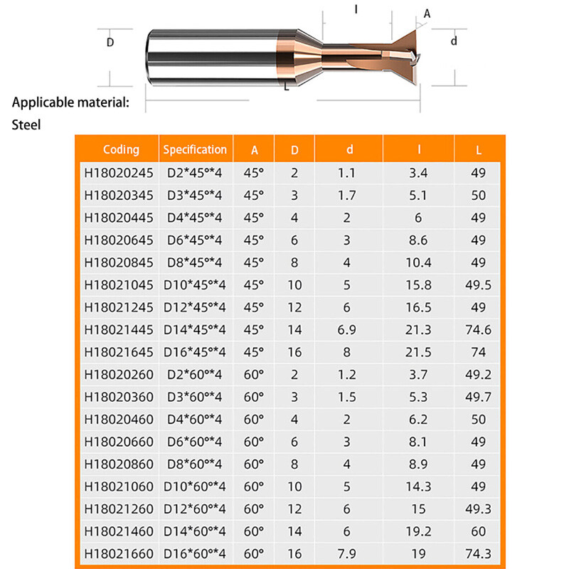 Dovetail Milling Cutter Solid Carbide End Mill 4 Flute 2-16mm Shank 45°60° Blade