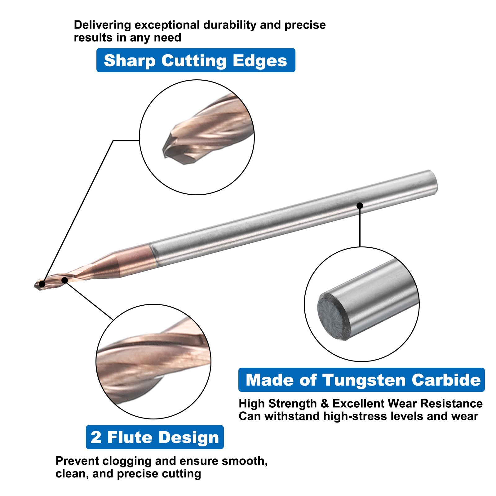 2 Flute Ball Nose End Mill 0.185″ Cutting Length Uncoated for Carving Engraving