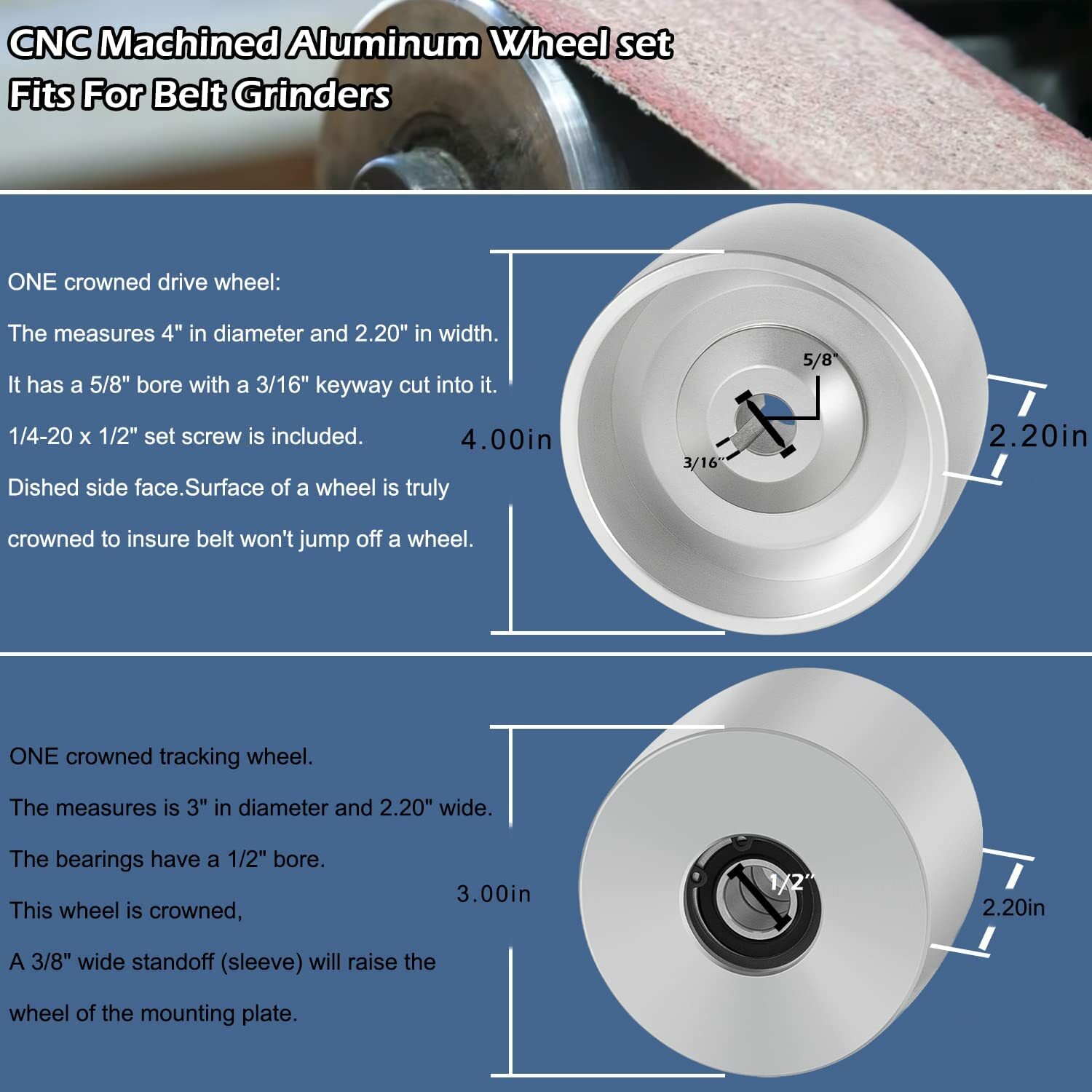 4pcs Belt Knife Grinder 2″x72″ Wheel Set 4″ Drive 5/8″ Bore 3″ Track 2″ Idler