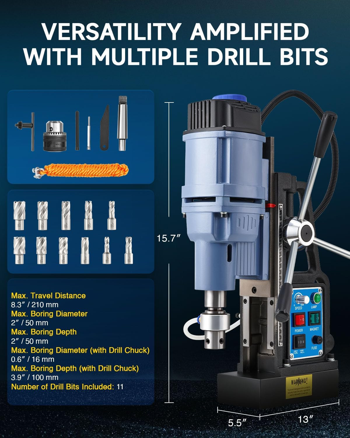 1550W Mag Drill Press with 2″ Dia. 3125 Lbf/13900N Mag Force, 650 Rpm Power Magn