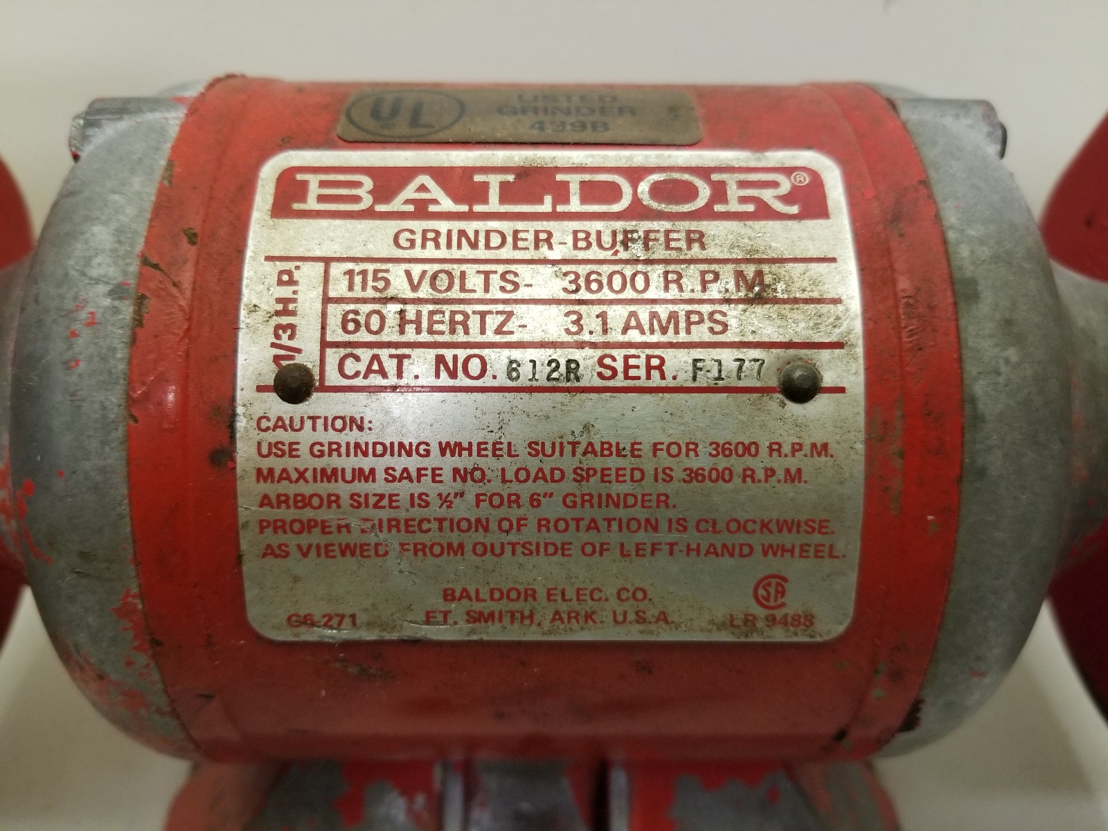 BALDOR 6” GRINDER / BUFFER #612R – 1/3 HP – 3600 RPM – 115 VOLTS – RUNS GREAT!
