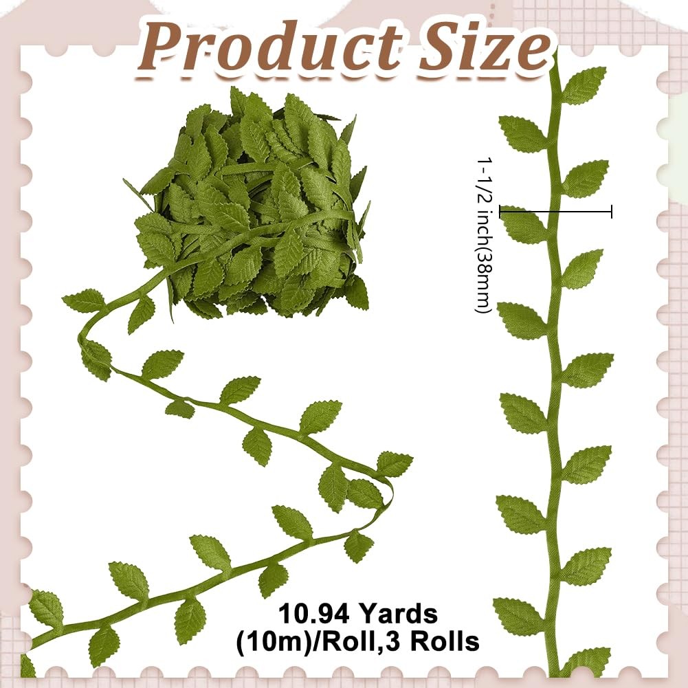 3 Roll 30m Green Leaf Ribbon 38mm Wide Artificial Vines Leaves Ribbons Trim Rope