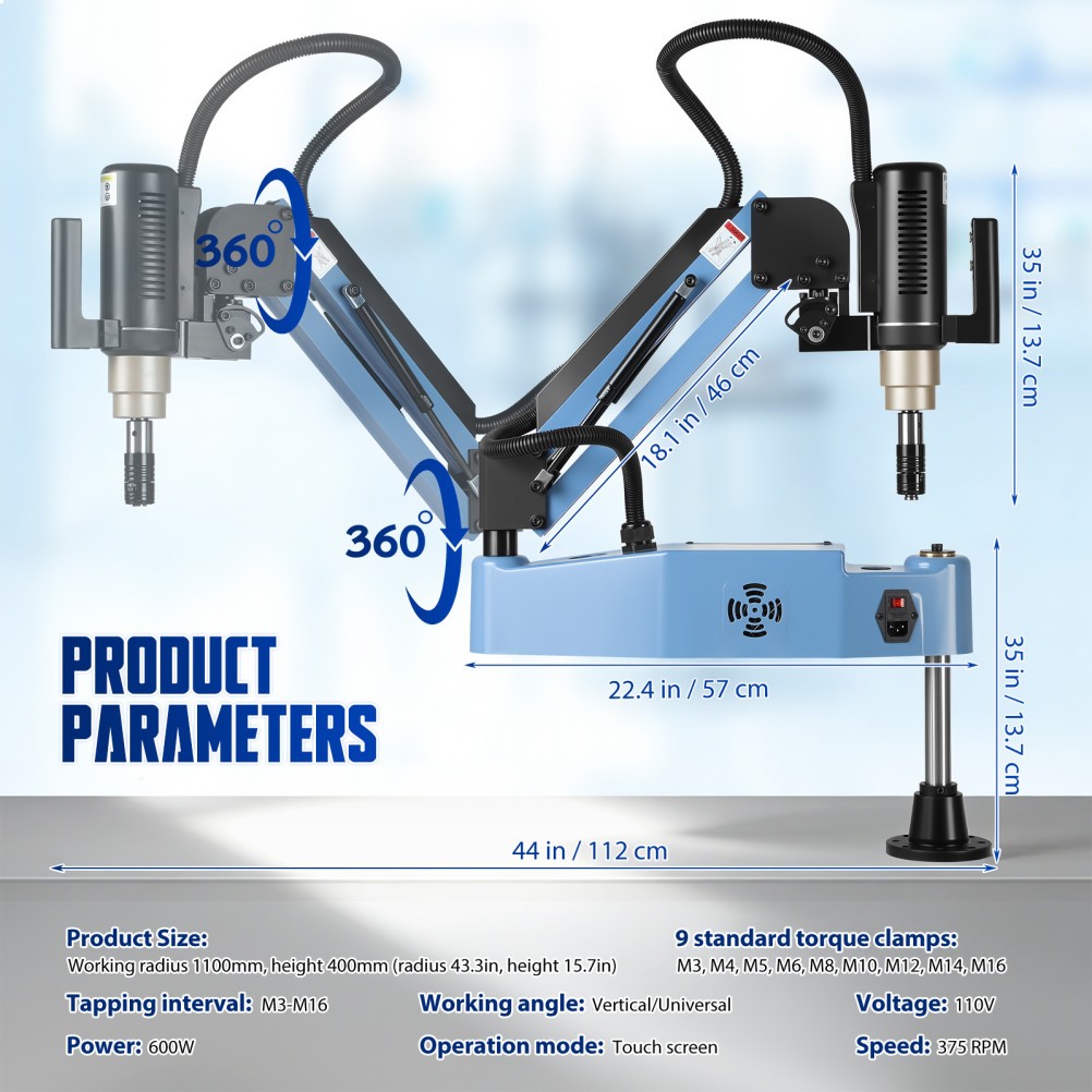 M3-M16 Electric Tapper 375rpm 1100mm Flex Arm Universal Tapping Arm w/9 Collets