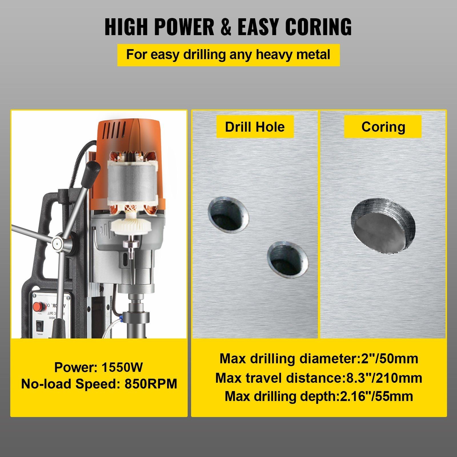 1550W Universal Magnetic Drill 850 RPM 2 inch Depth 13000N Stability
