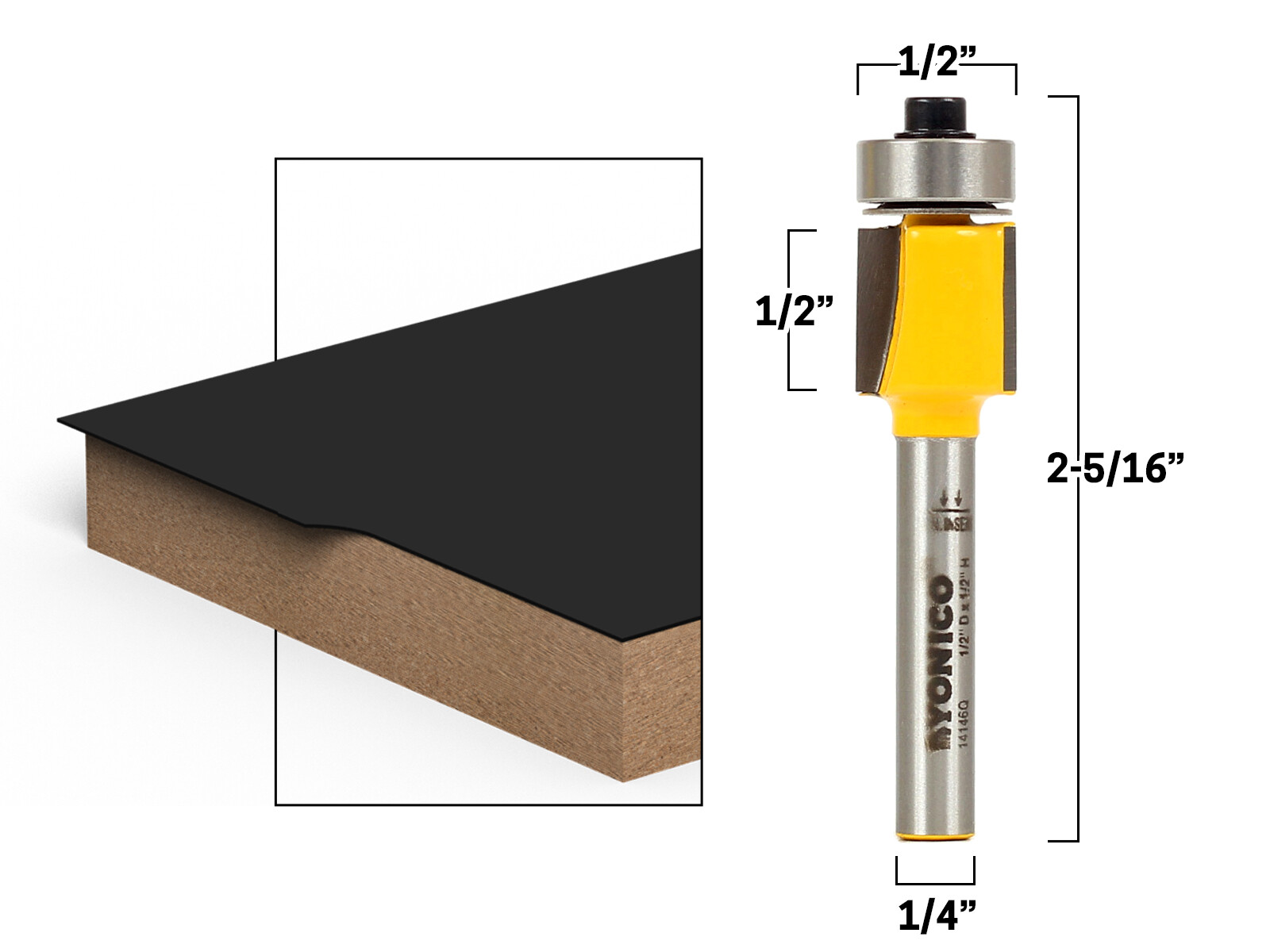 1/2″ Laminate Flush Trim Router Bit – 1/4″ Shank – Yonico 14146q