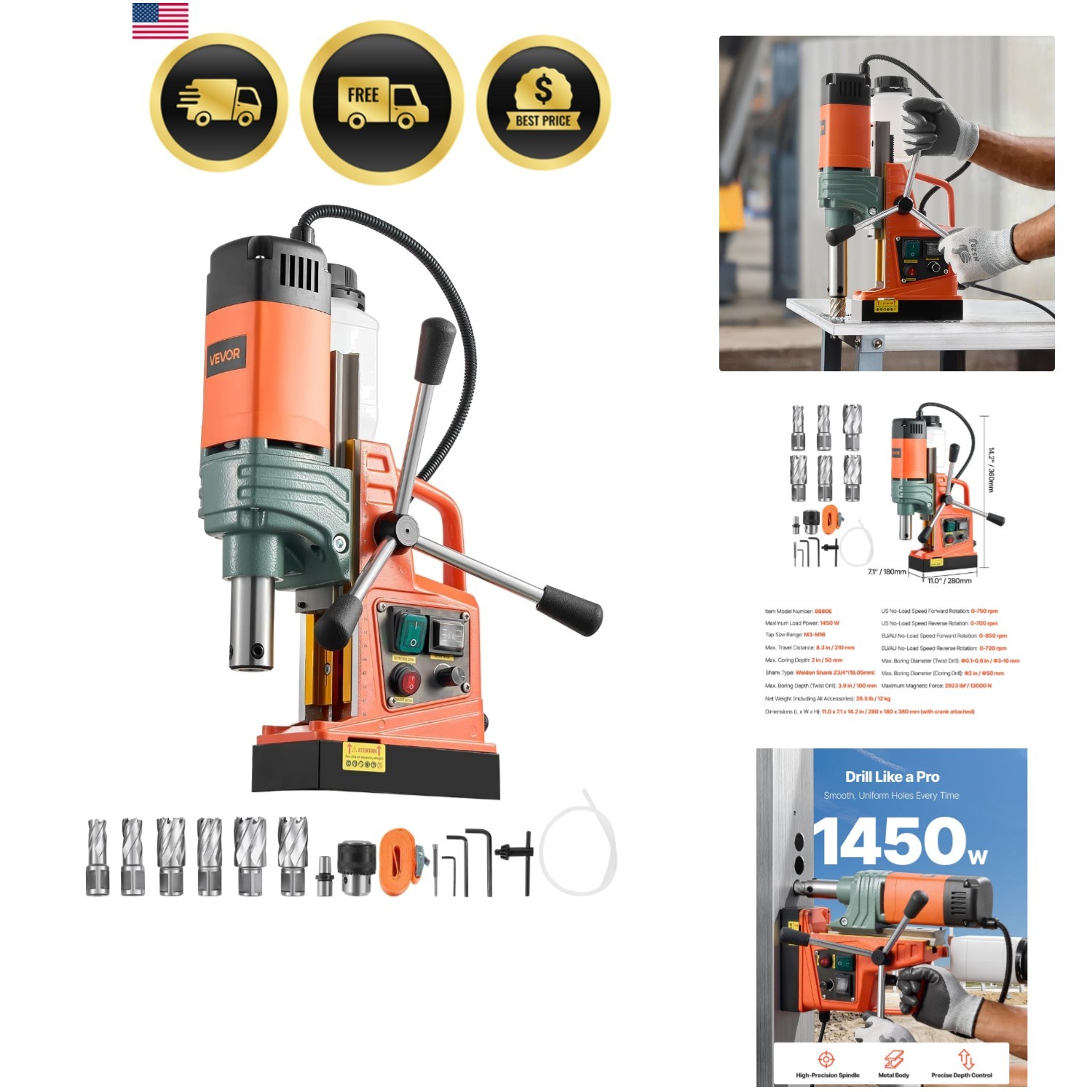 1450W Mag Drill Press, 2″ Core Drilling Machine, 2922 lbf Variable Speed Port…