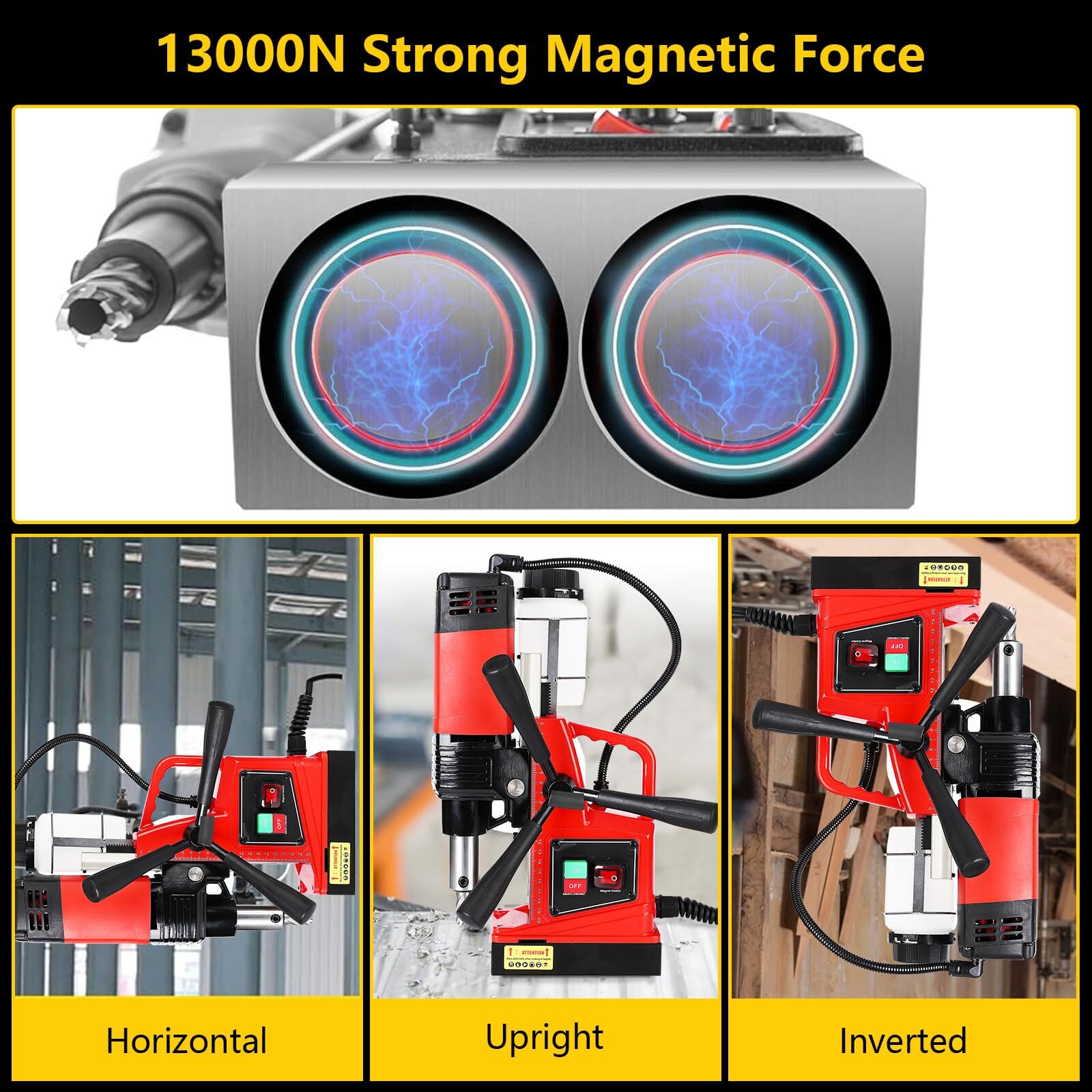 Magnetic Drill Press 1300W 810 RPM 1.6 Inch Boring Diameter 11Pcs Drill Bits
