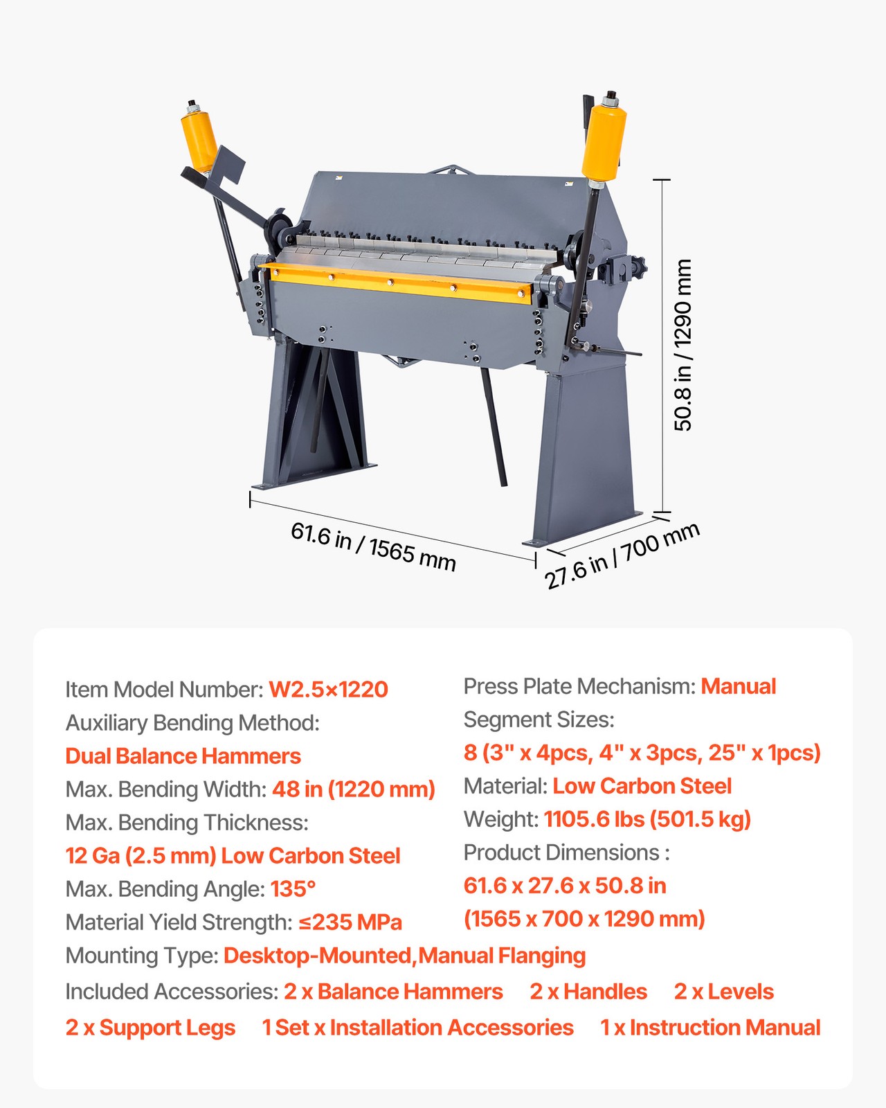 VEVOR 48 in Box and Pan Brake 0-135° 12 Ga Sheet Metal Bending Brake Bender 8