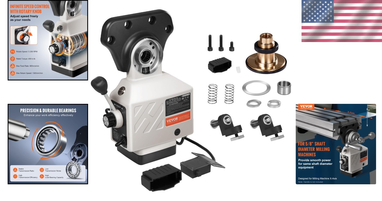 Versatile X-Axis Power Feed for Milling Machines, 450 in-lb Torque, 0-200 RPM