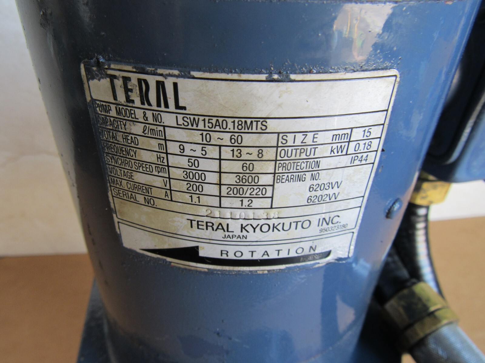TERAL KYOKUTO PUMP MODEL # LSW15A0.18MTS Lot #1091 Listed by Greg