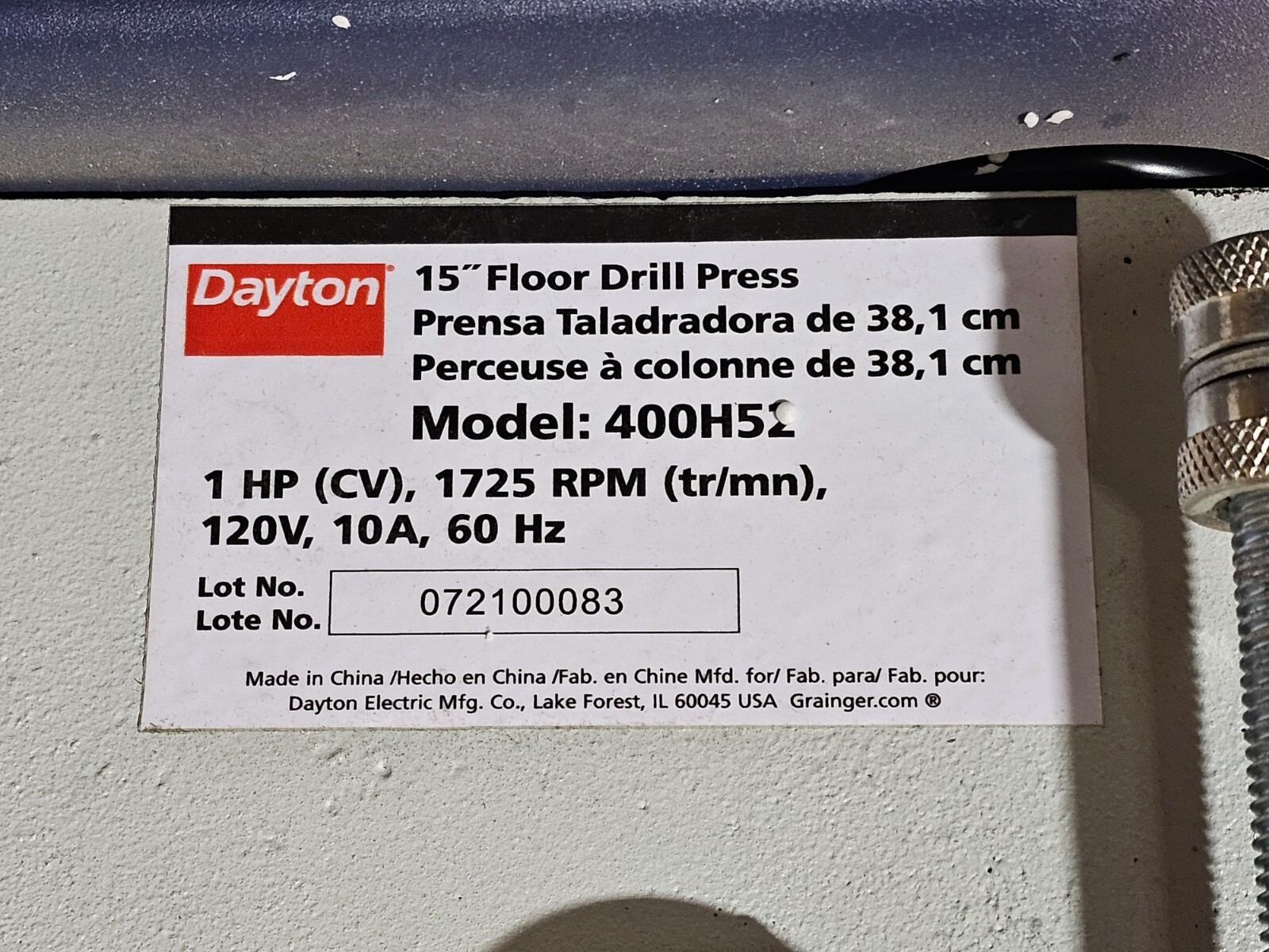 Dayton 400H52 Floor Drill Press, Belt Drive, 1 Hp, 120 V, 15 In Swing, 16 Speed