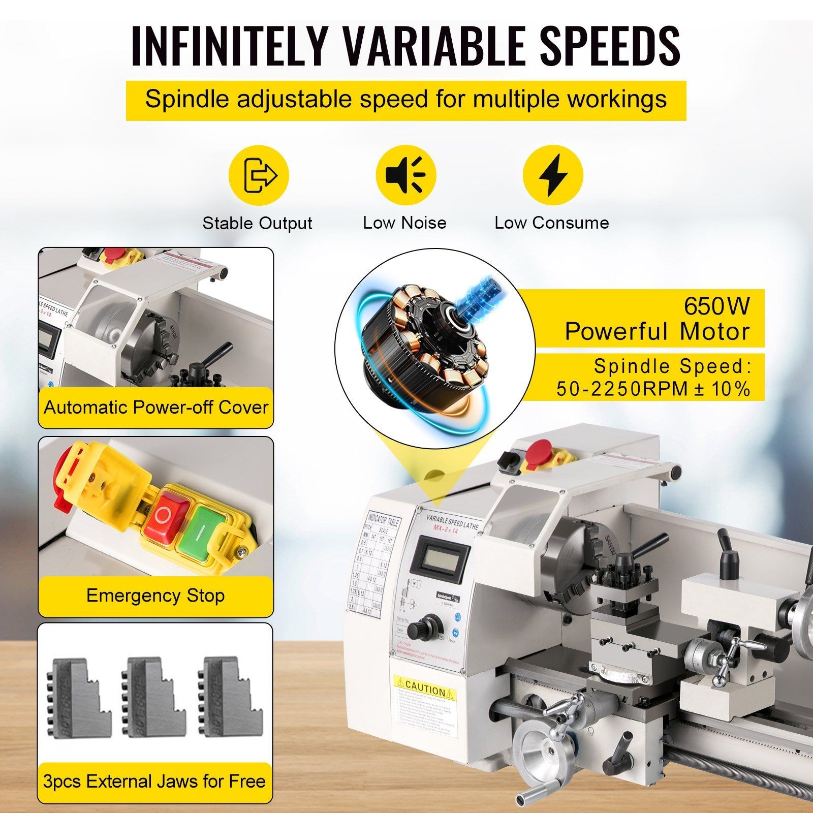 650W Variable Speed 8×14 Metal Lathe 2250RPM Precision Compact
