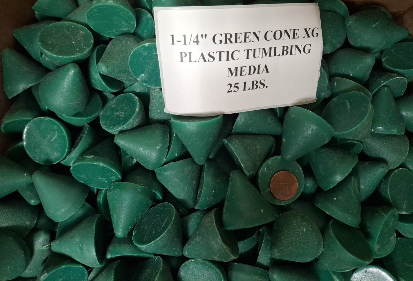 1 1/4 X 1 1/4 GREEN PLASTIC CONE TUMBLING VIBRATORY MEDIA 25 lbs. VIBER FINISH