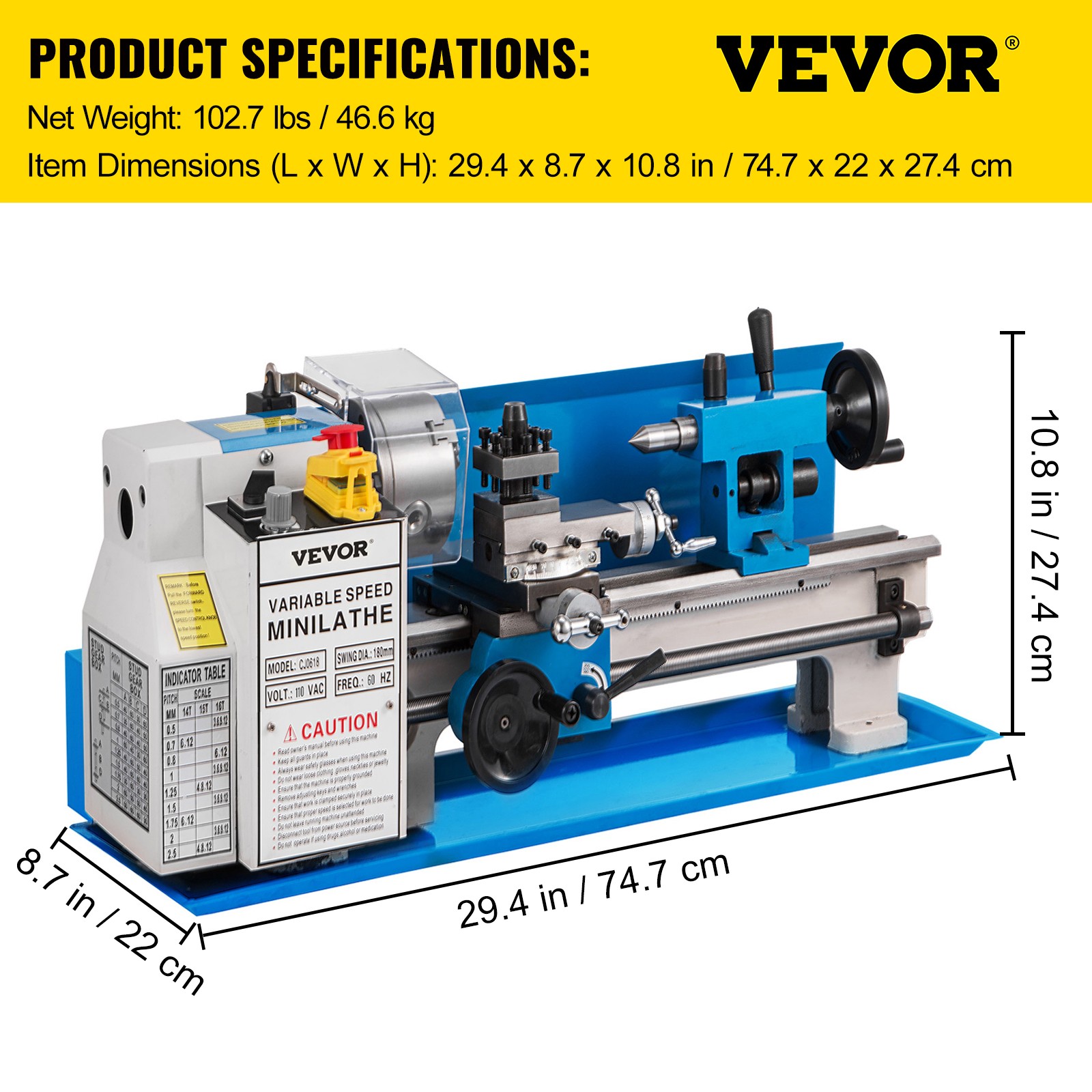 VEVOR Mini Metal Milling Lathe 7×14 in Infinitely Variable Speed Nylon Gear 550W