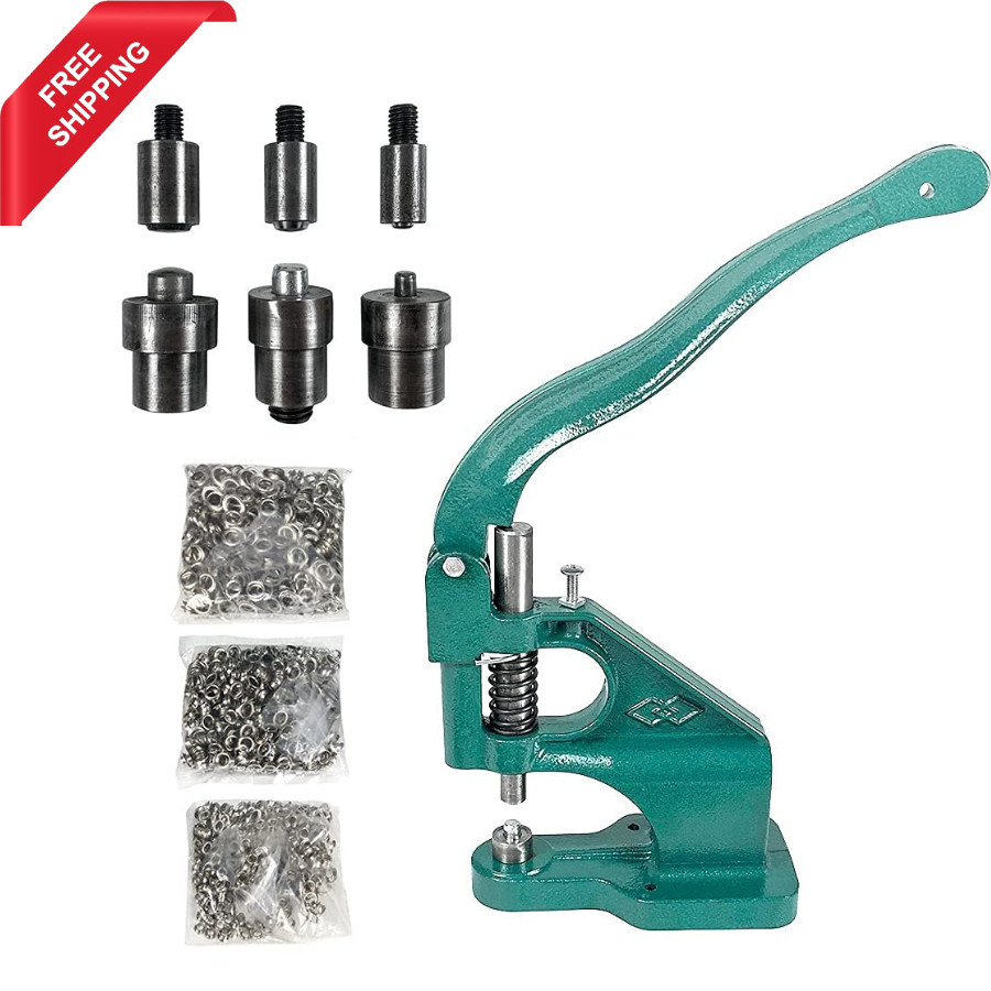 Heavy Duty Hand Press Eyelet Grommet Machine Punch Tool Kit – 3 Size Dies & 1…