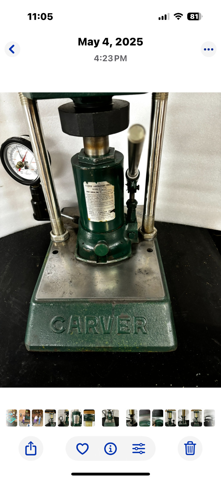 Carver Model C Hand Hydraulic Upacting Lab Press 11 Ton. In very good condition