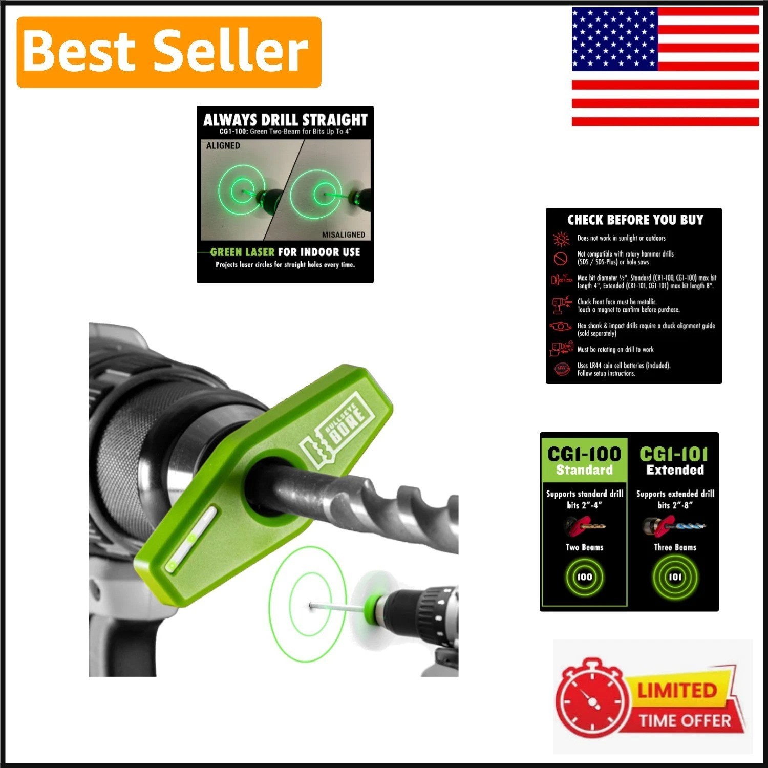 BullseyeBore Magnetic Laser Drill Guide – Drill Straight with High-Vis Green