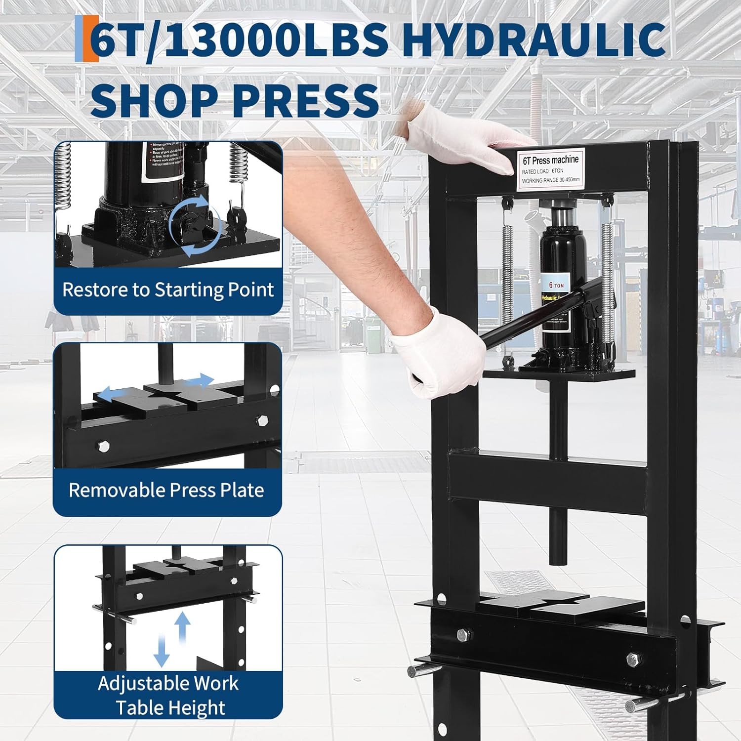 6 Ton Hydraulic Shop Press H-Frame Garage Floor Shop Press Height Adjustable
